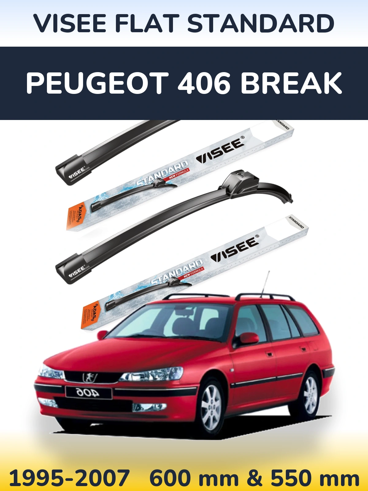 Комплект передніх щіток VISEE FLAT STANDARD 600 & 550 мм для Peugeot 406 Break 1995-2007