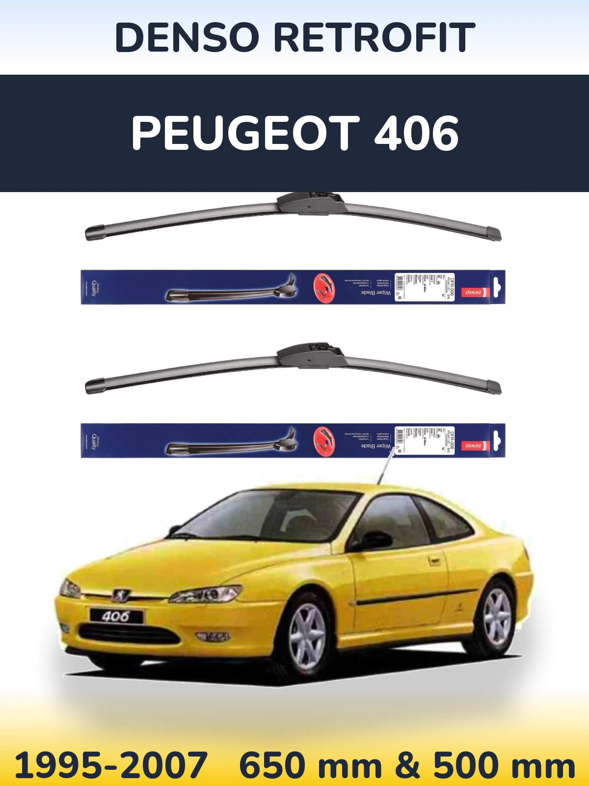 Комплект передніх щіток Denso Retrofit 650 & 500 мм для Peugeot 406 1995-2007