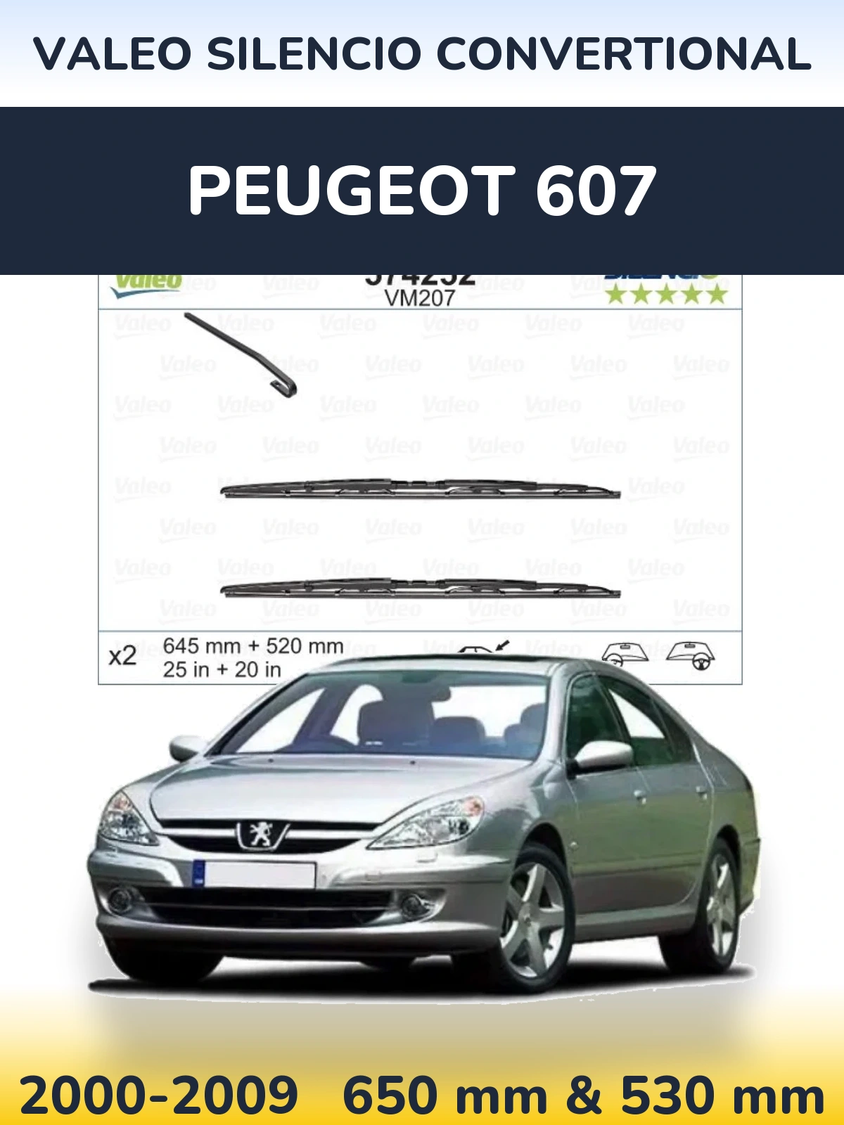 Komplet przednich wycieraczek Valeo Silencio Convertional 645 & 520 mm do Peugeot 607 2000-2009