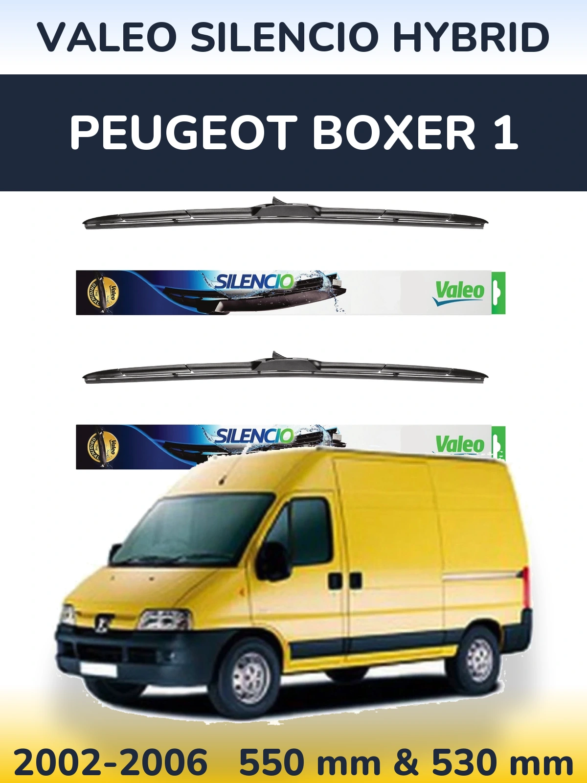 Front wiper blade set Valeo Silencio Hybrid 550 & 530 mm for Peugeot Boxer 1 2002-2006