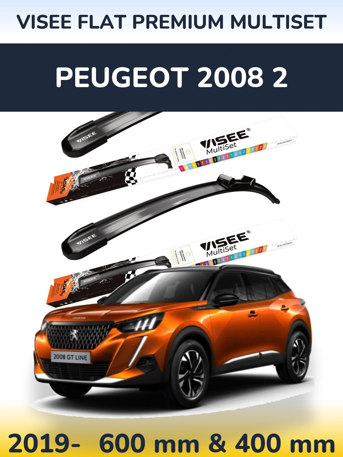 Front wiper blade set VISEE FLAT PREMIUM MultiSet 600 & 400 mm for Peugeot 2008 2 2019-2026