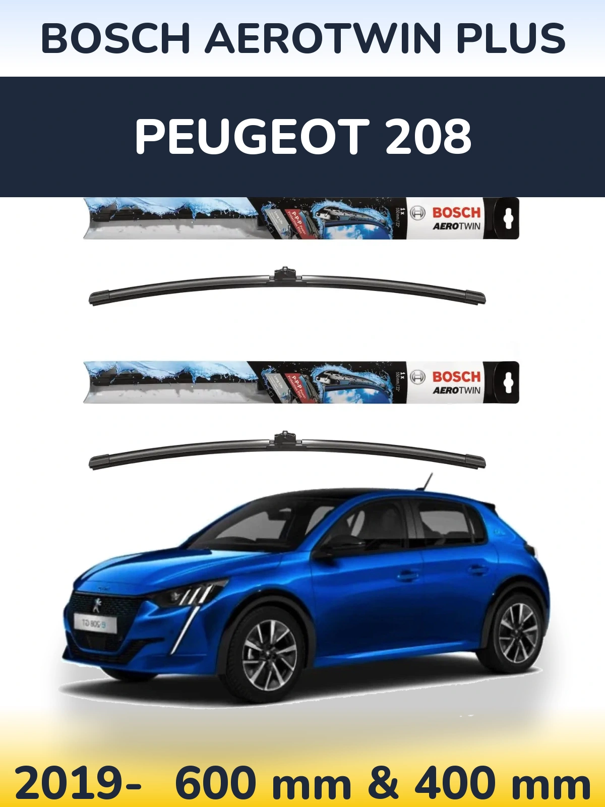 Комплект передніх щіток BOSCH AeroTwin Plus 600 & 400 мм для Peugeot 208 2019-2026