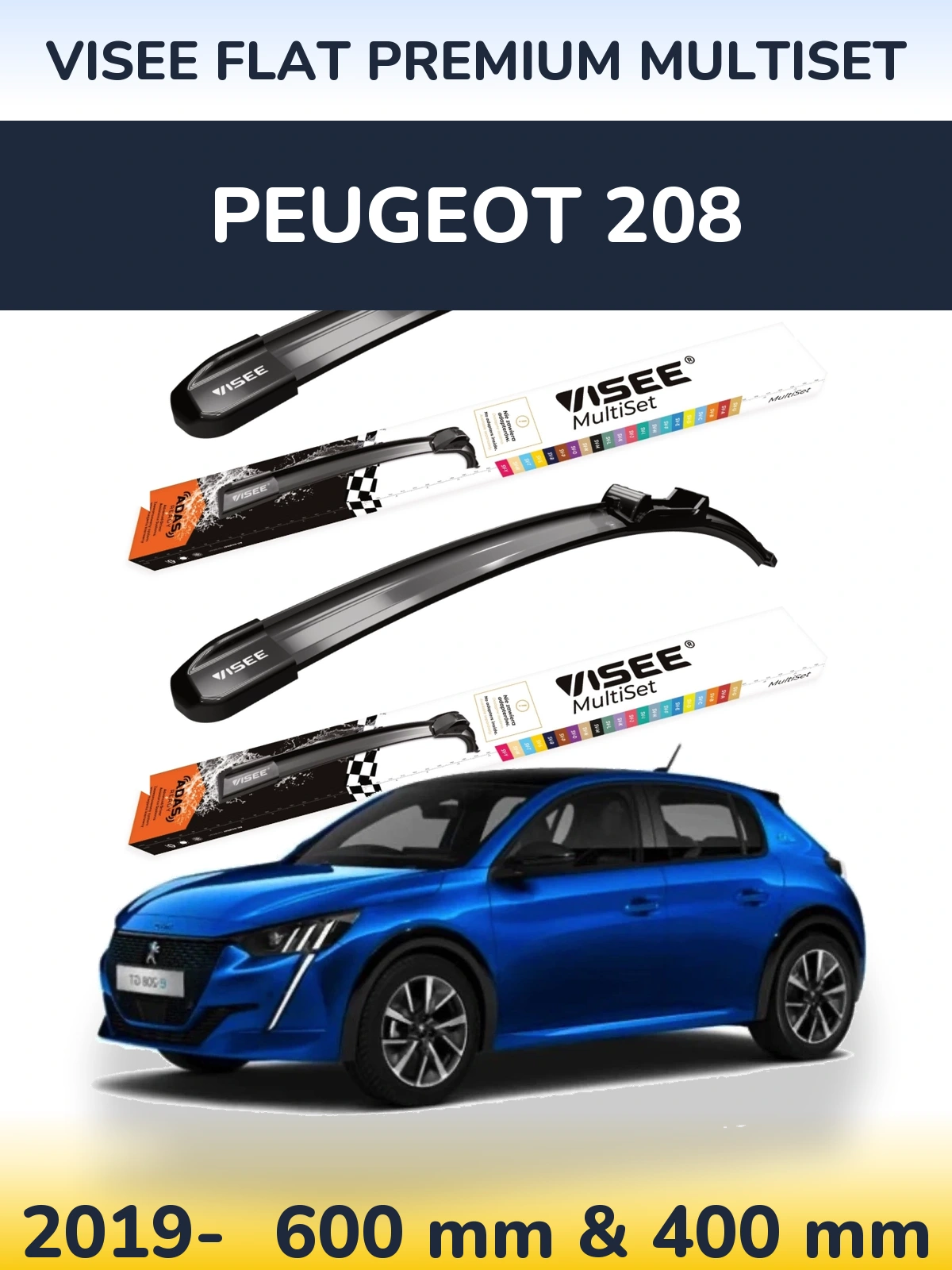 Комплект передніх щіток VISEE FLAT PREMIUM MultiSet 600 & 400 мм для Peugeot 208 2019-2026