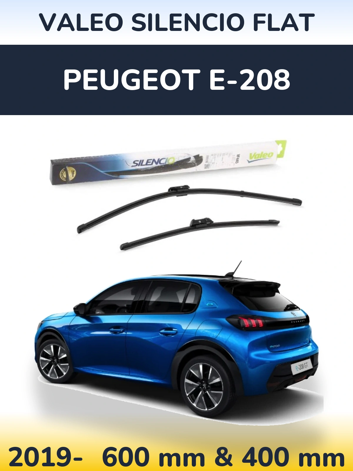 Front wiper blade set Valeo Silencio Flat 600 & 400 mm for Peugeot e-208 2019-2026