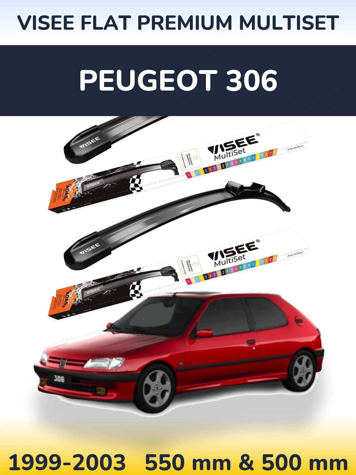 Комплект передніх щіток VISEE FLAT PREMIUM MultiSet 550 & 500 мм для Peugeot 306 1999-2003