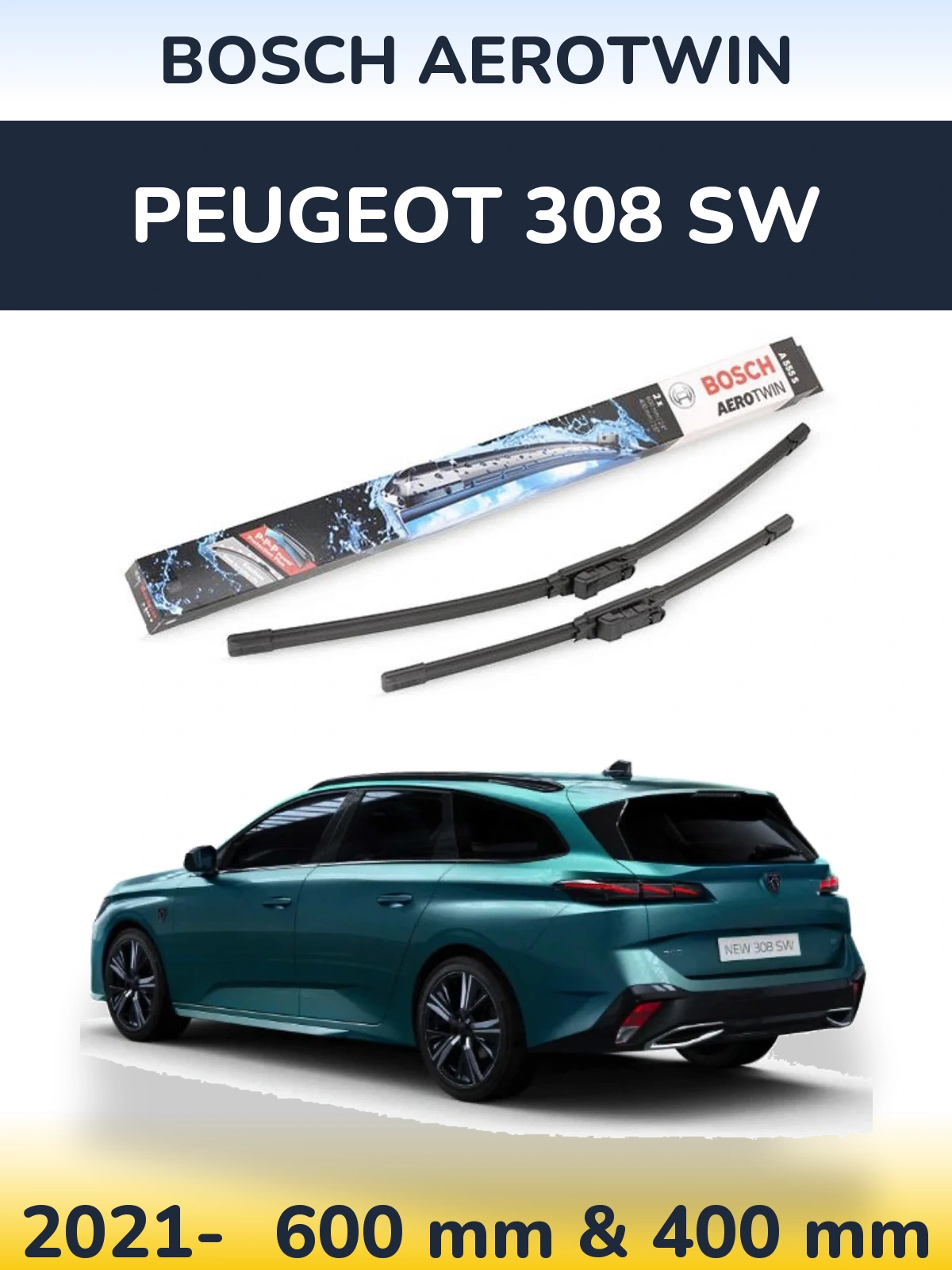 Комплект передніх щіток BOSCH AeroTwin 600 & 400 мм для Peugeot 308 SW 2021-2026
