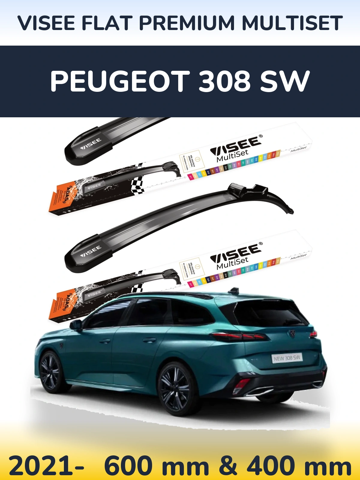 Комплект передних дворников VISEE FLAT PREMIUM MultiSet 600 & 400 мм для Peugeot 308 SW 2021-2026
