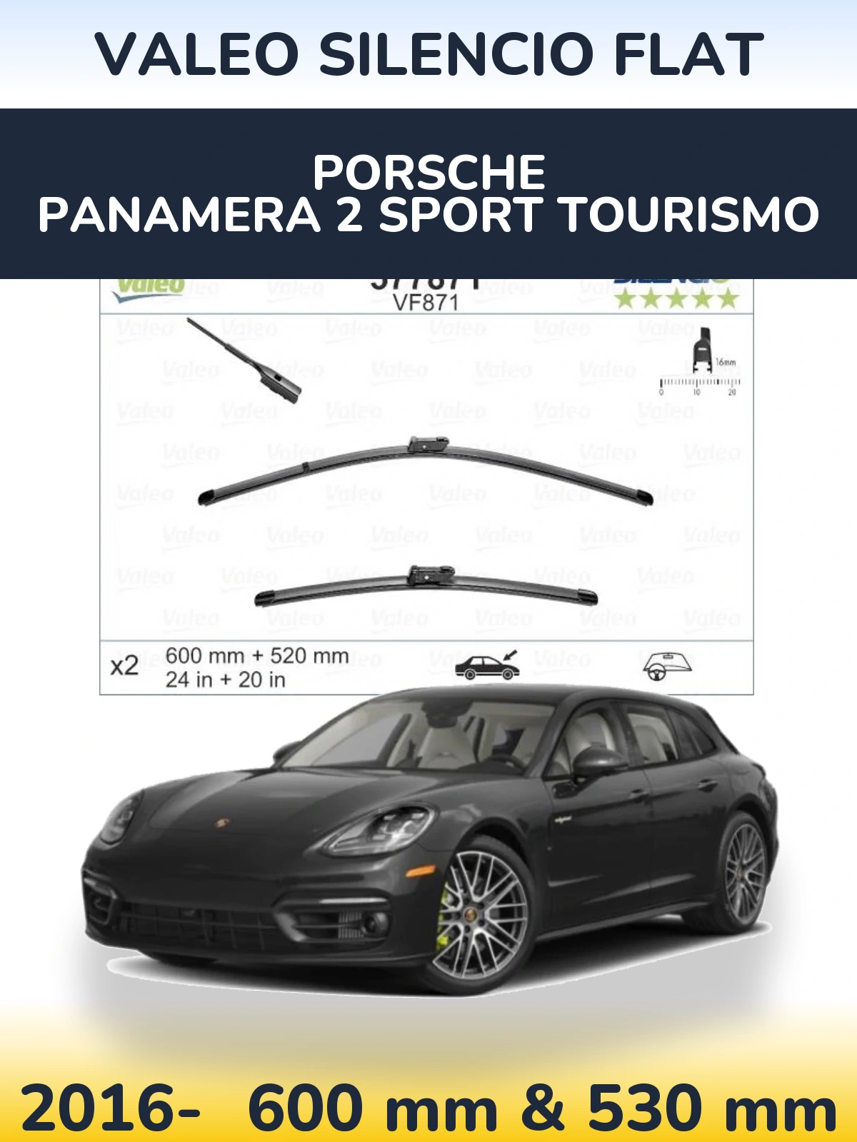 Комплект передних дворников Valeo Silencio Flat 600 & 520 мм для Porsche Panamera 2 Sport Tourismo 2016-2026