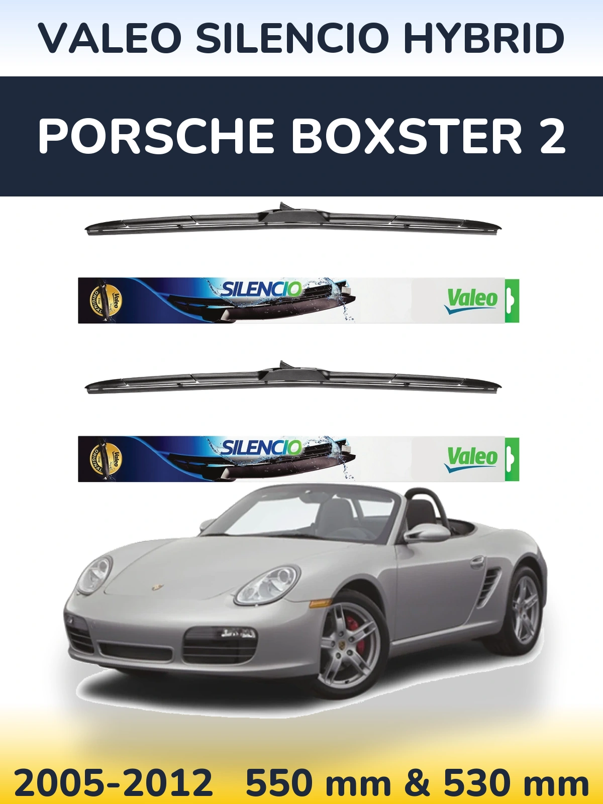 Front wiper blade set Valeo Silencio Hybrid 550 & 530 mm for Porsche Boxster 2 2005-2012