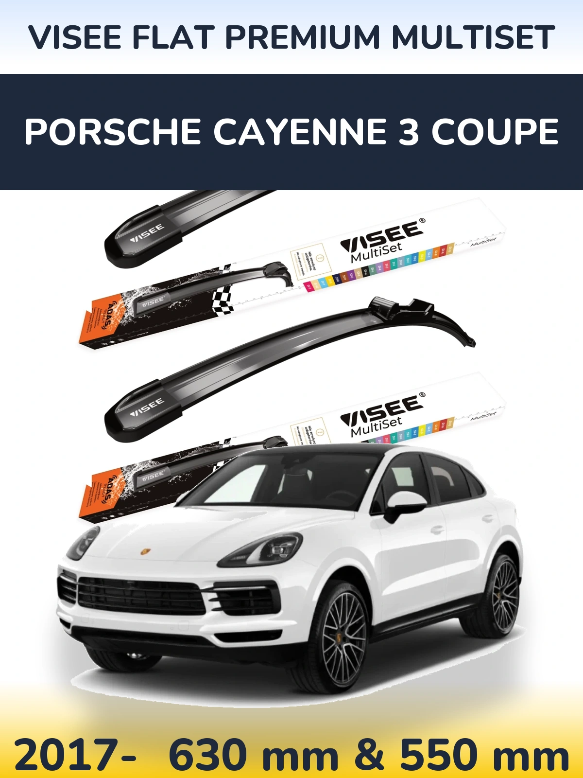 Komplet przednich wycieraczek VISEE FLAT PREMIUM MultiSet 630 & 550 mm do Porsche Cayenne 3 Coupe 2017-2026