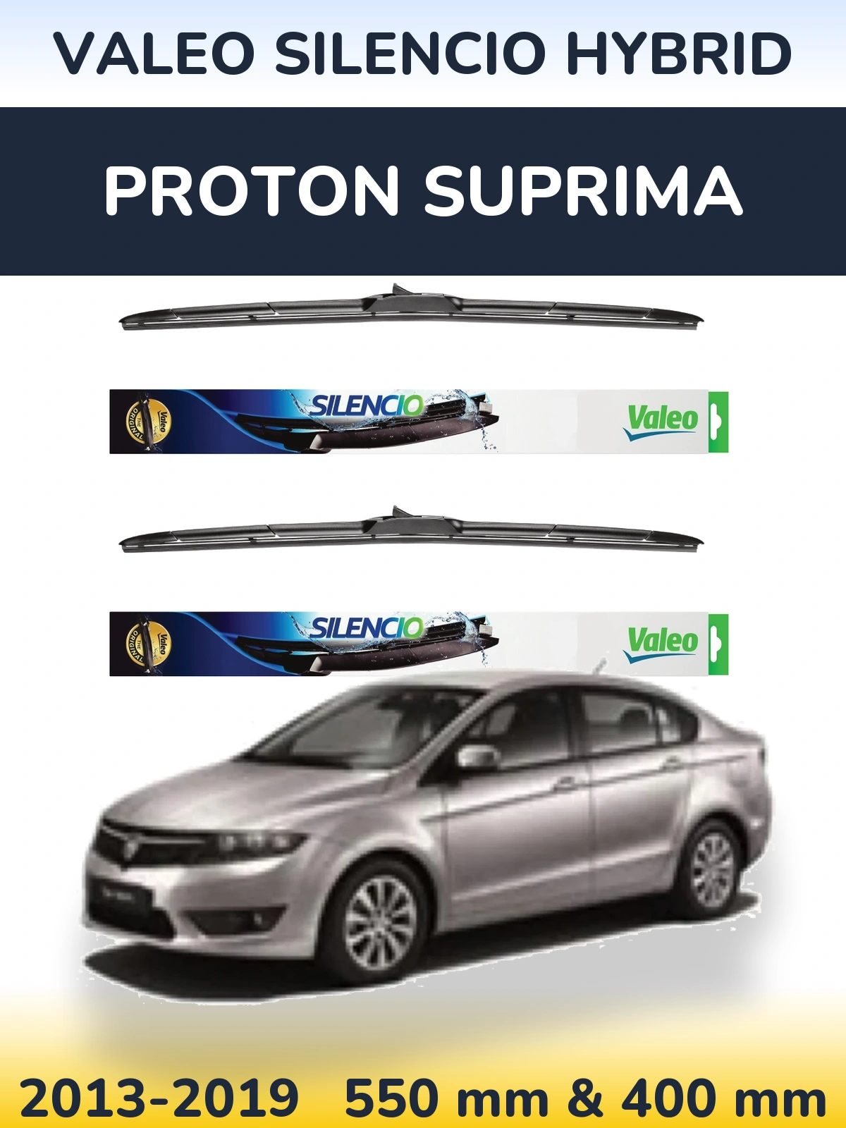 Komplet przednich wycieraczek Valeo Silencio Hybrid 550 & 400 mm do Proton Suprima 2013-2019