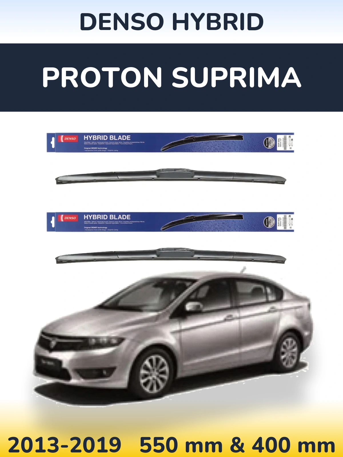 Front wiper blade set Denso Hybrid 550 & 400 mm for Proton Suprima 2013-2019