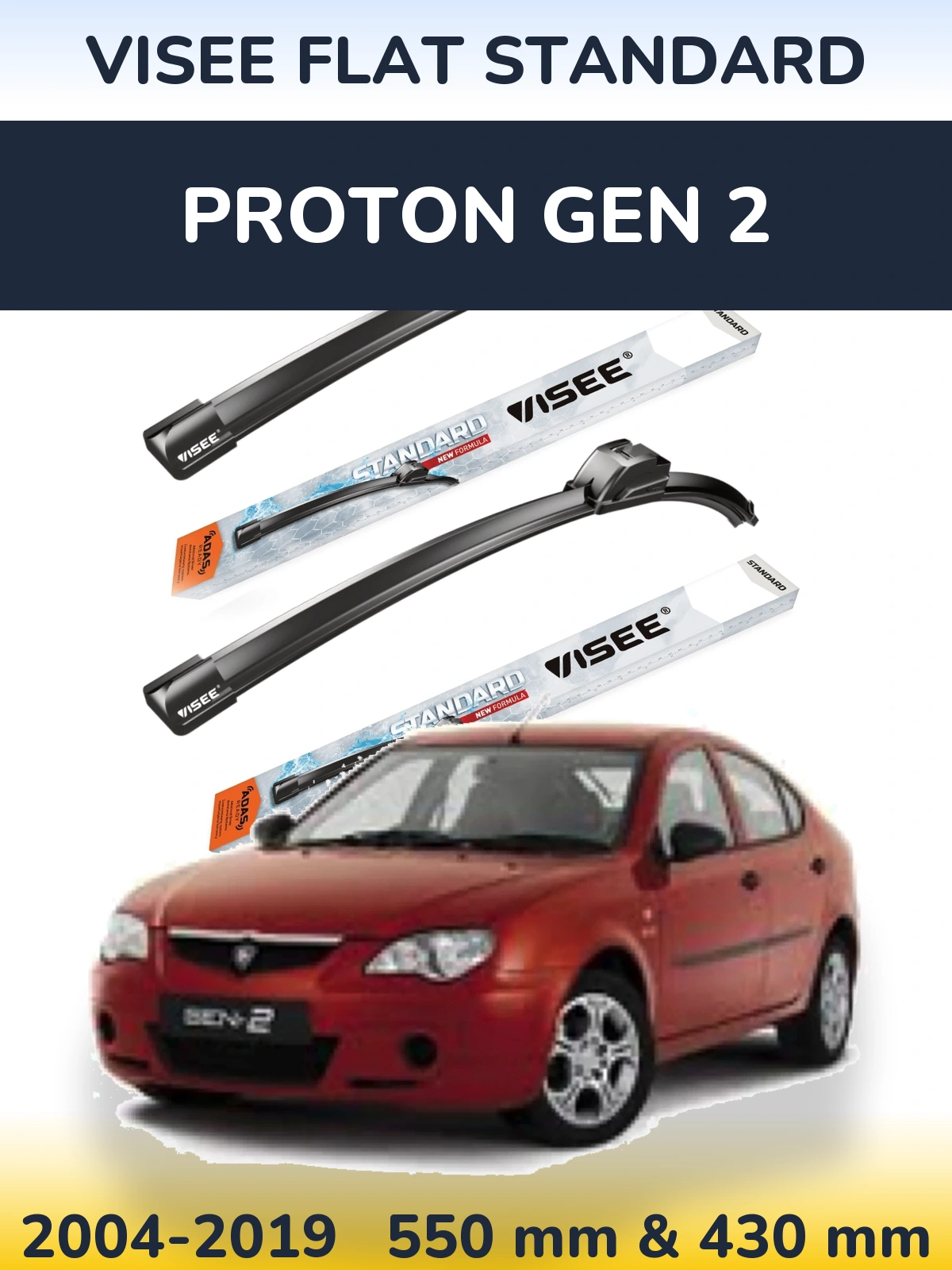 Komplet przednich wycieraczek VISEE FLAT STANDARD 550 & 430 mm do Proton Gen 2 2004-2019