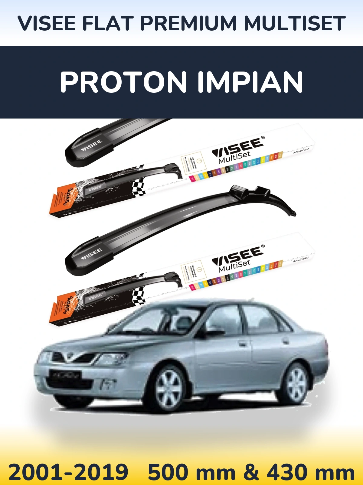 Комплект передних дворников VISEE FLAT PREMIUM MultiSet 500 & 430 мм для Proton Impian 2001-2019