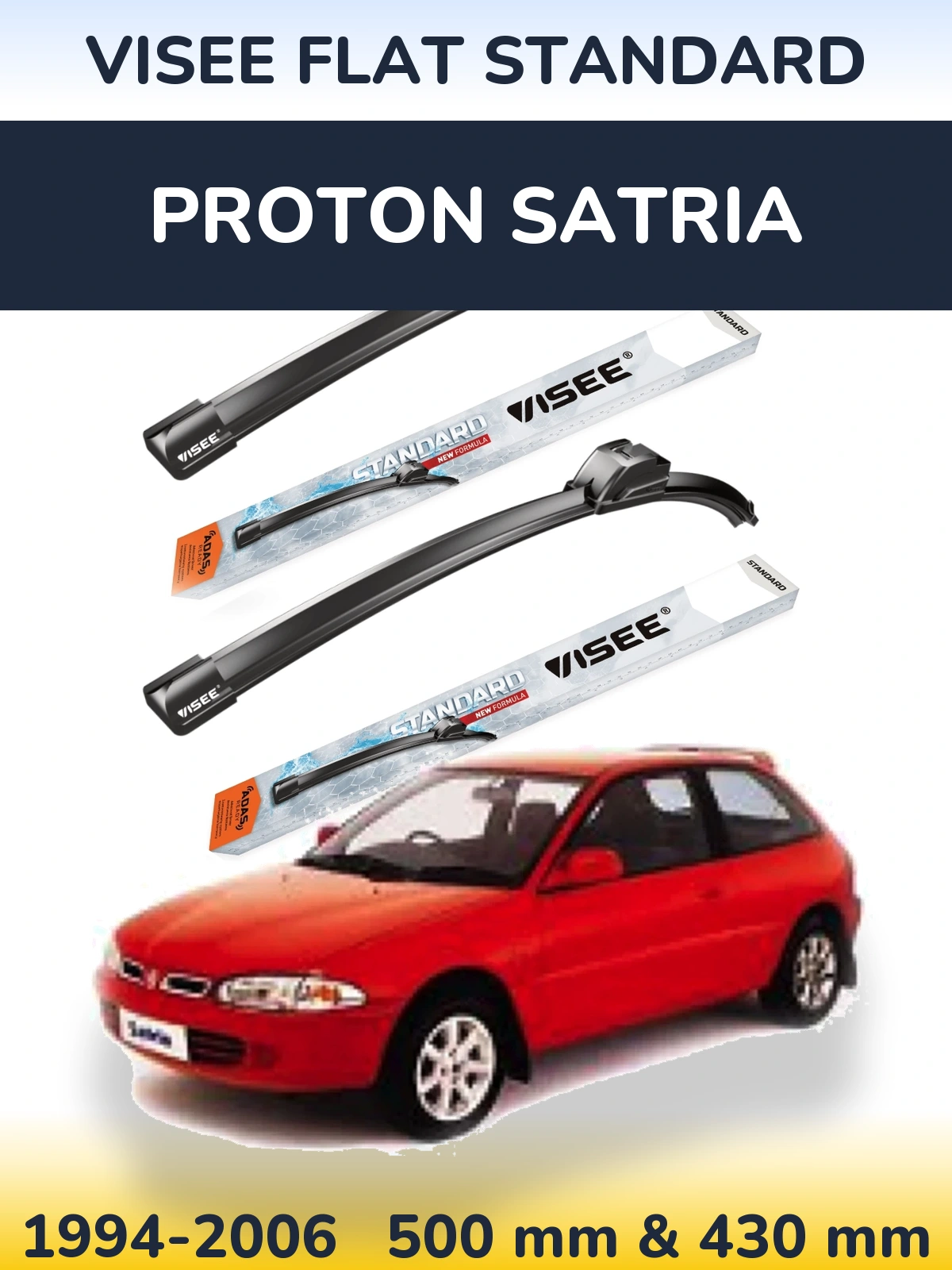 Front wiper blade set VISEE FLAT STANDARD 500 & 430 mm for Proton Satria 1994-2006