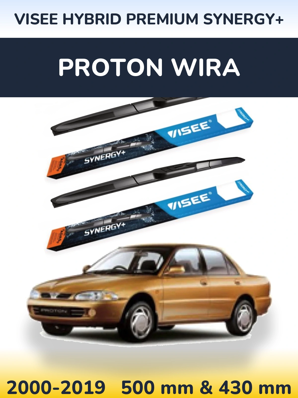 Front wiper blade set VISEE HYBRID PREMIUM SYNERGY+ 500 & 430 mm for Proton Wira 2000-2019