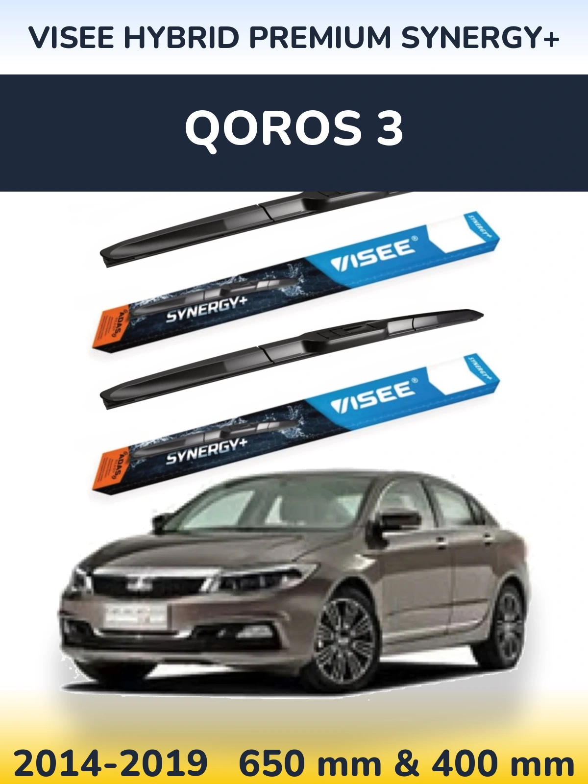 Front wiper blade set VISEE HYBRID PREMIUM SYNERGY+ 650 & 400 mm for Qoros 3 2014-2019