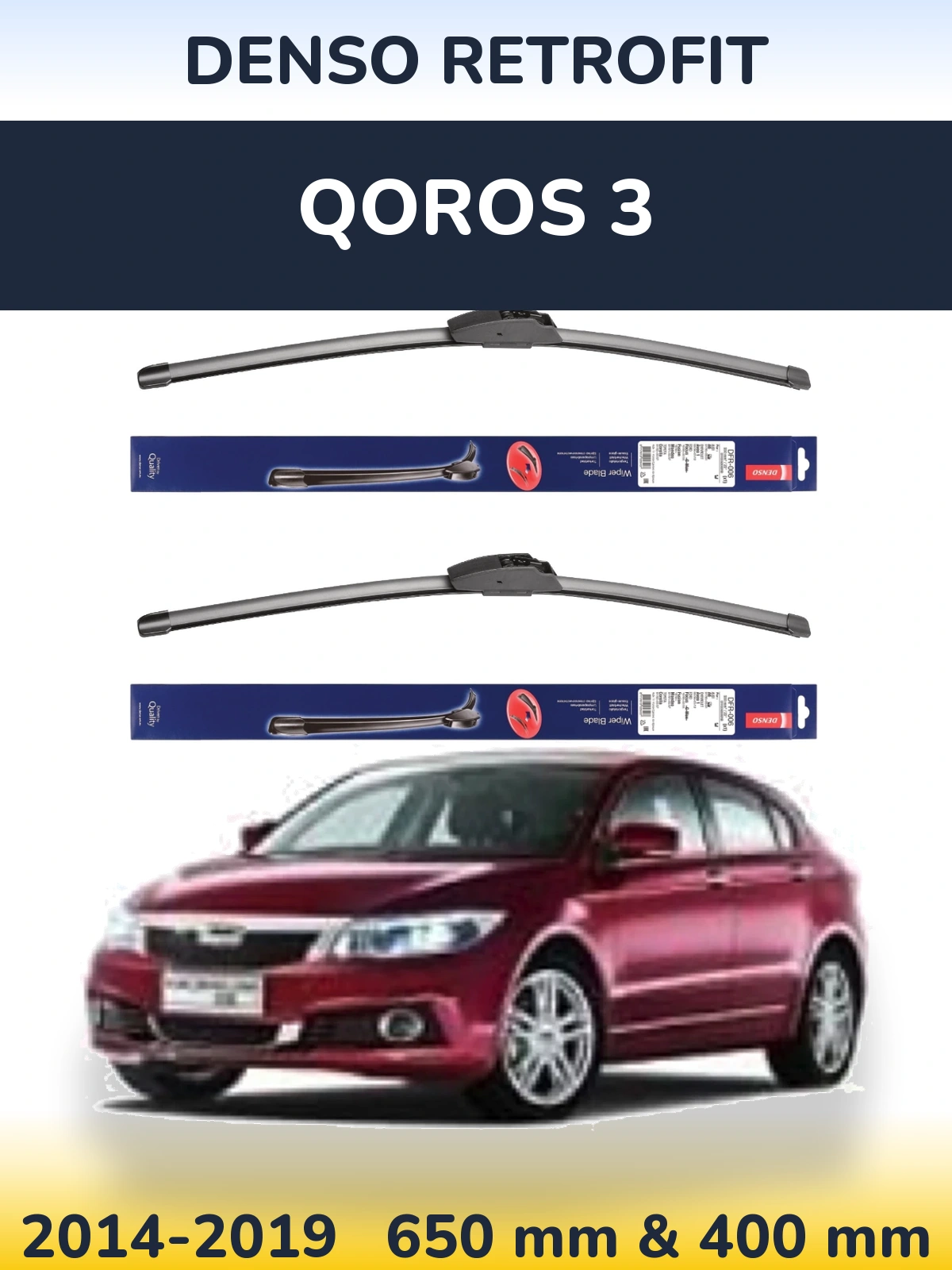 Front wiper blade set Denso Retrofit 650 & 400 mm for Qoros 3 2014-2019