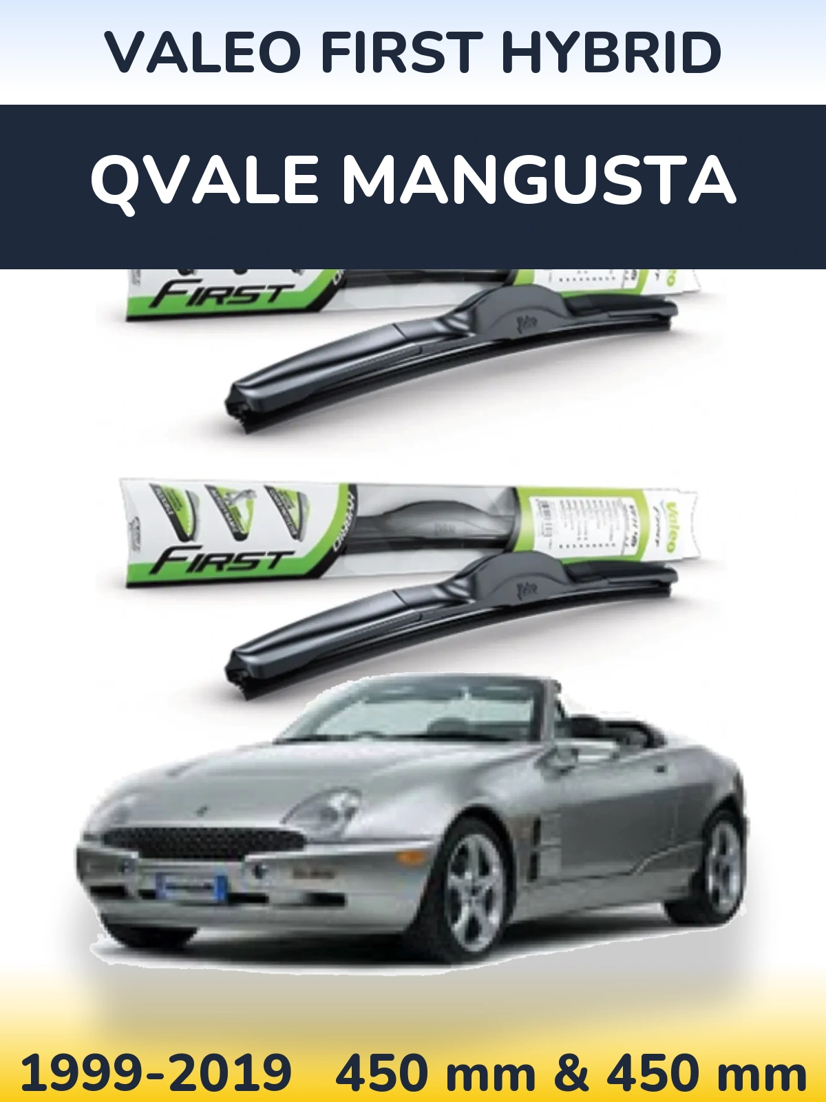 Front wiper blade set Valeo First Hybrid 450 & 450 mm for Qvale Mangusta 1999-2019