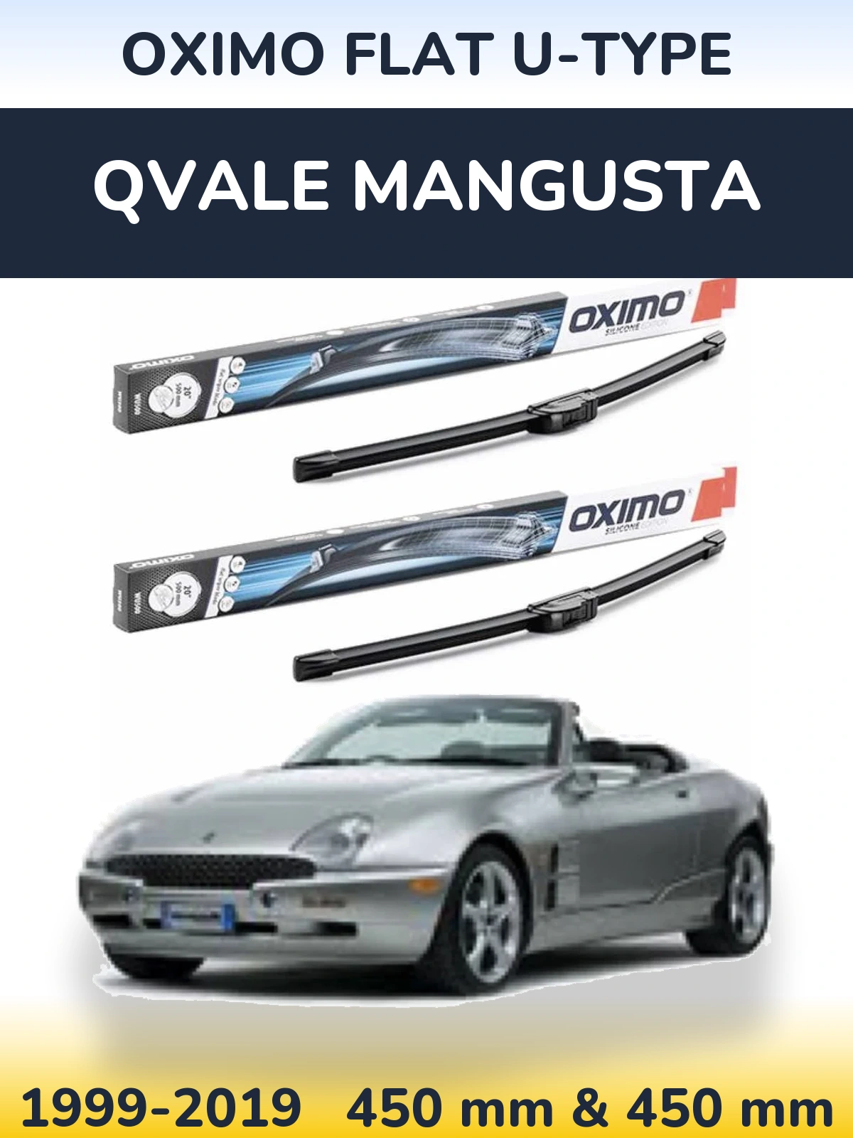 Front wiper blade set Oximo Flat U-type 450 & 450 mm for Qvale Mangusta 1999-2019