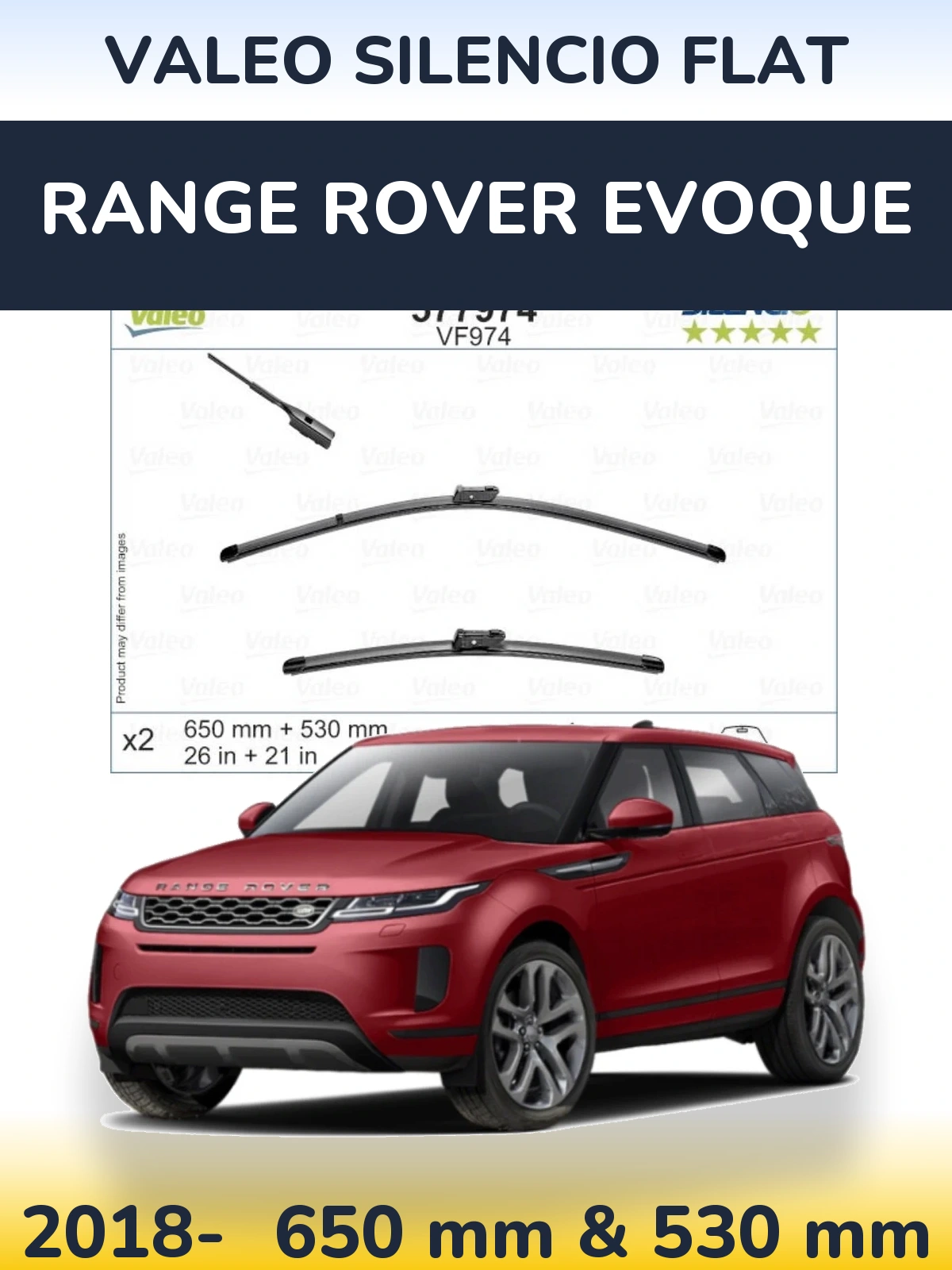 Komplet przednich wycieraczek Valeo Silencio Flat 650 & 530 mm do Range Rover Evoque 2018-2026