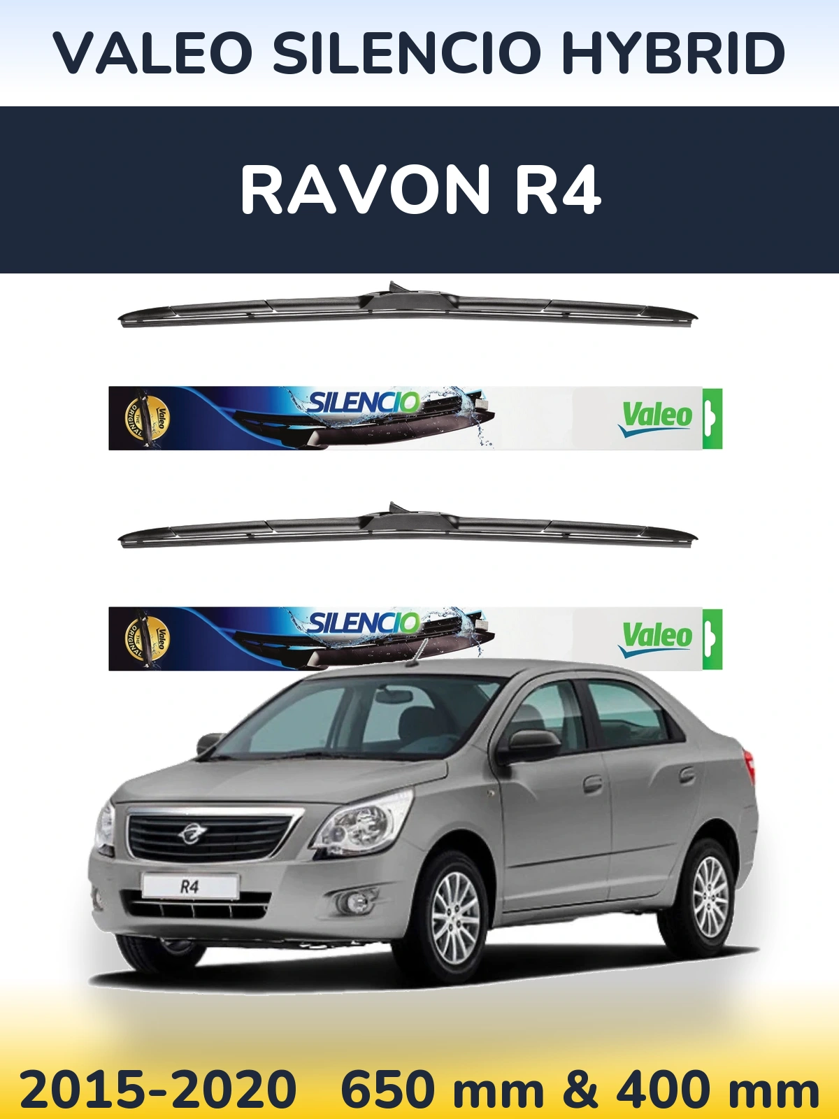 Front wiper blade set Valeo Silencio Hybrid 650 & 400 mm for Ravon R4 2015-2020