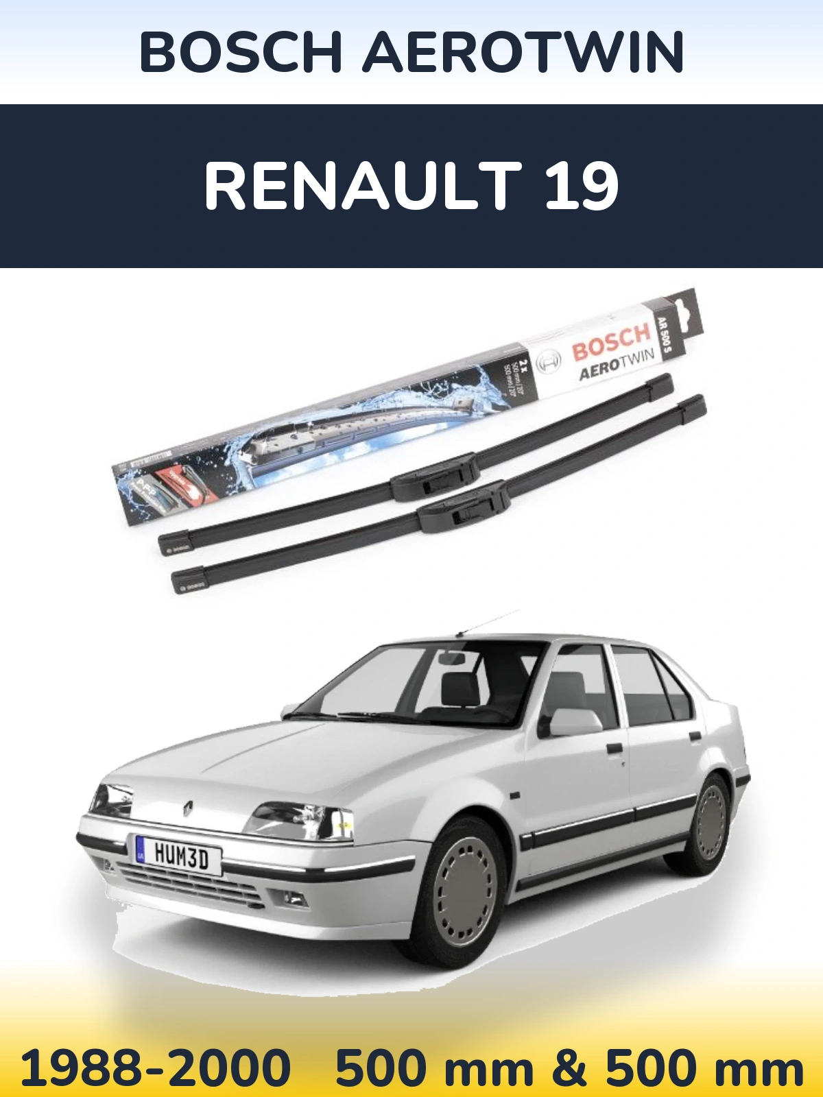 Комплект передних дворников BOSCH AeroTwin 500 & 500 мм для Renault 19 1988-2000