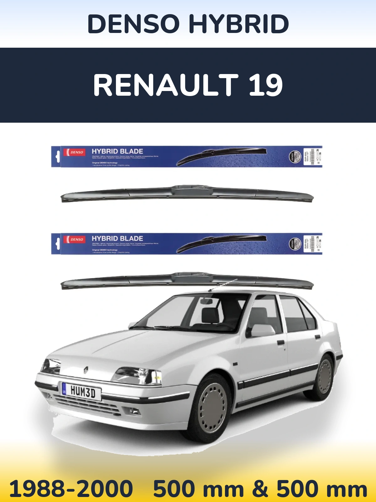 Front wiper blade set Denso Hybrid 500 & 500 mm for Renault 19 1988-2000