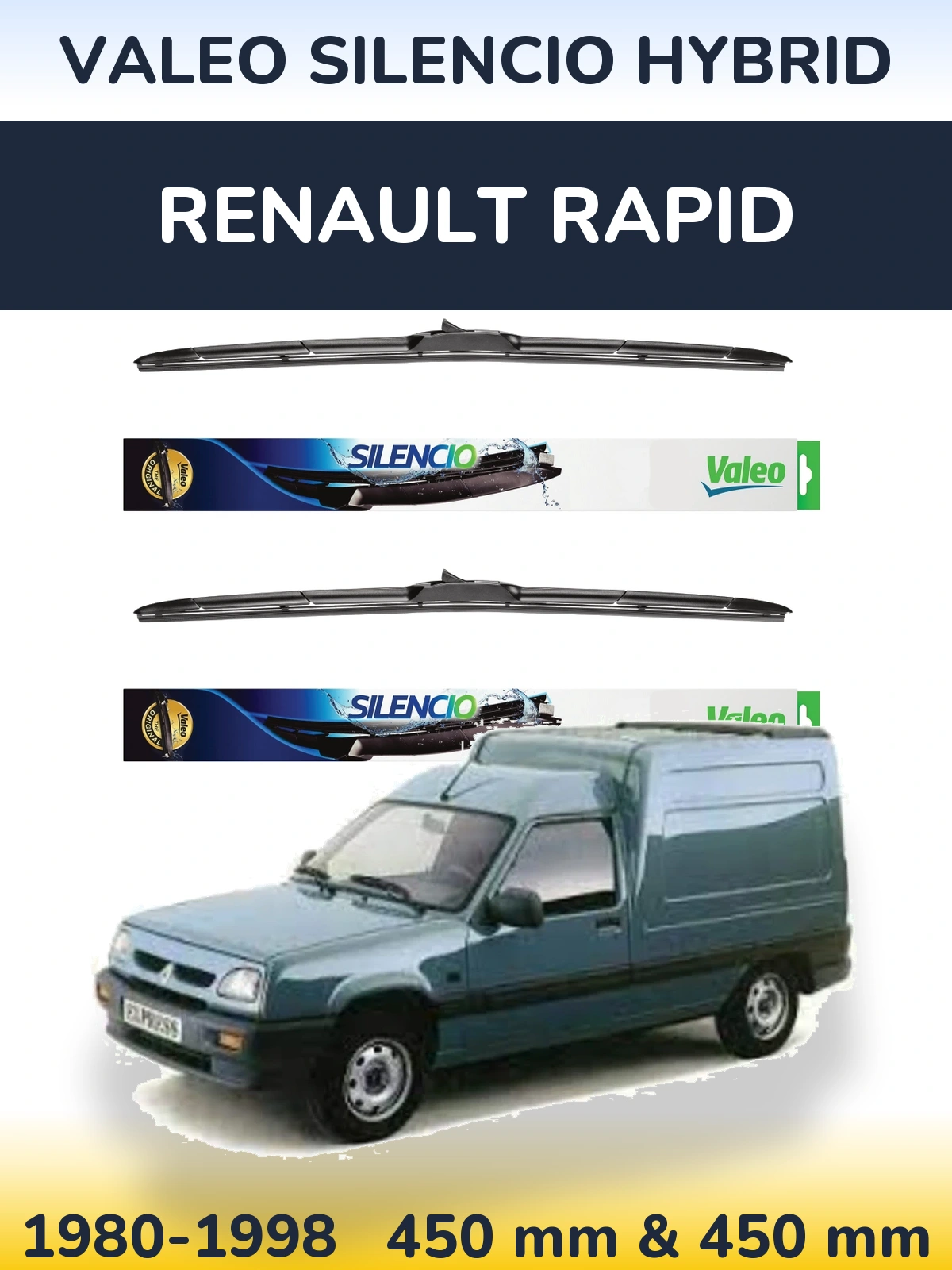 Front wiper blade set Valeo Silencio Hybrid 450 & 450 mm for Renault Rapid 1980-1998