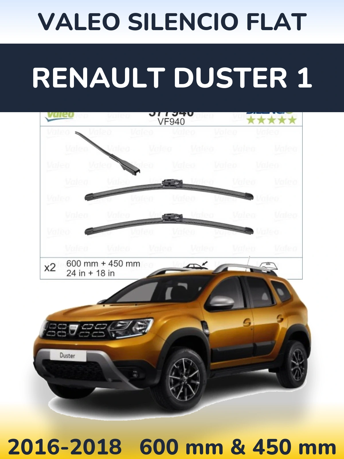 Komplet przednich wycieraczek Valeo Silencio Flat 600 & 450 mm do Renault Duster 1 2016-2018