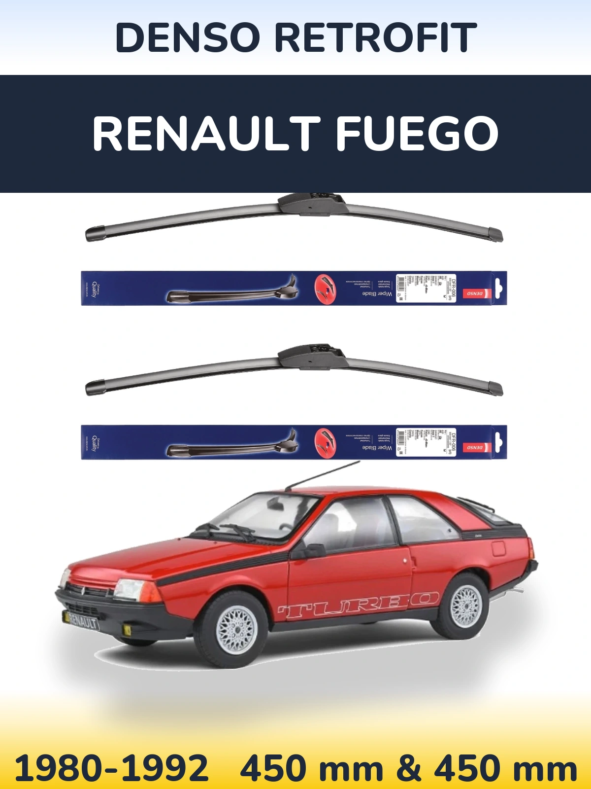 Front wiper blade set Denso Retrofit 450 & 450 mm for Renault Fuego 1980-1992