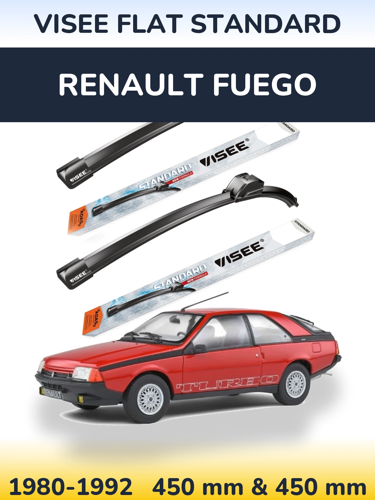 Front wiper blade set VISEE FLAT STANDARD 450 & 450 mm for Renault Fuego 1980-1992