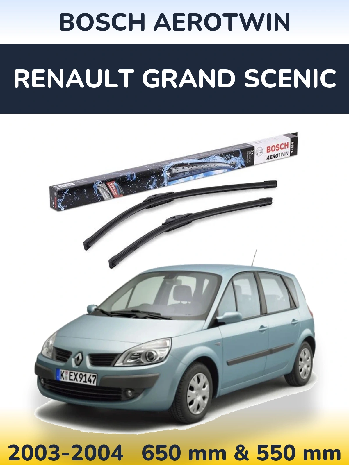 Front wiper blade set BOSCH AeroTwin 650 & 550 mm for Renault Grand Scenic 2003-2004