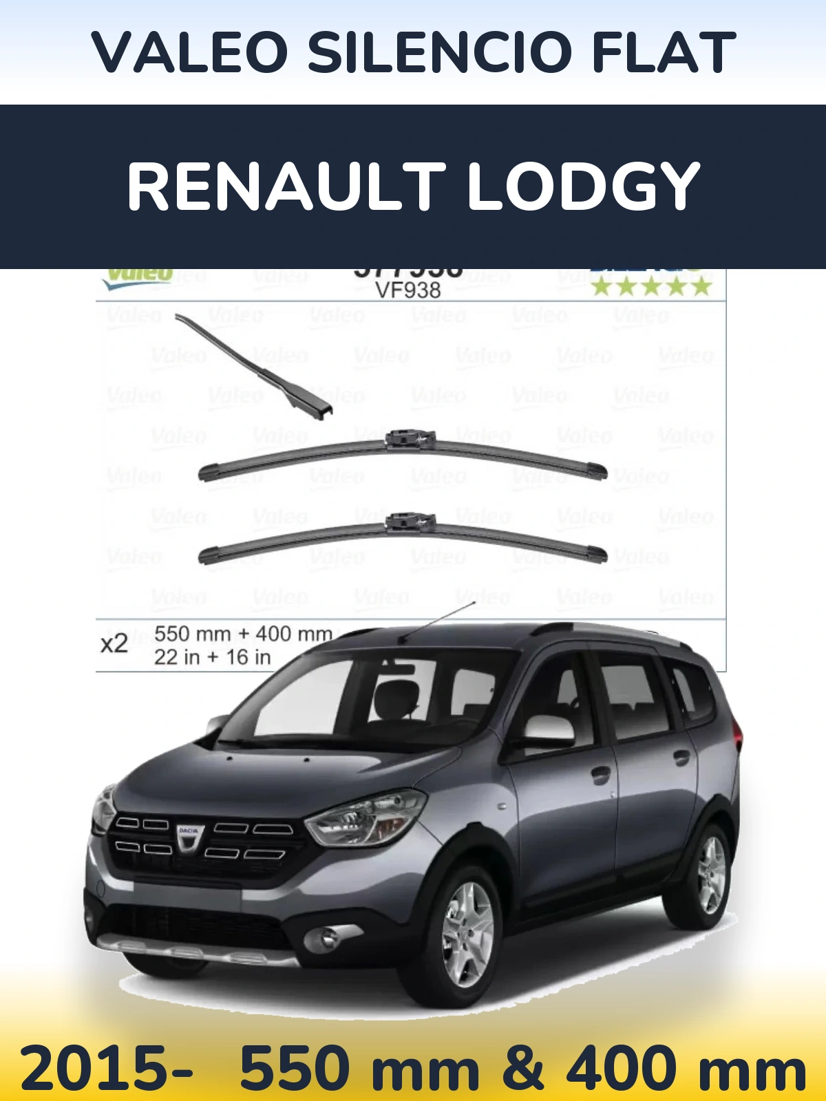 Front wiper blade set Valeo Silencio Flat 550 & 400 mm for Renault Lodgy 2015-2026