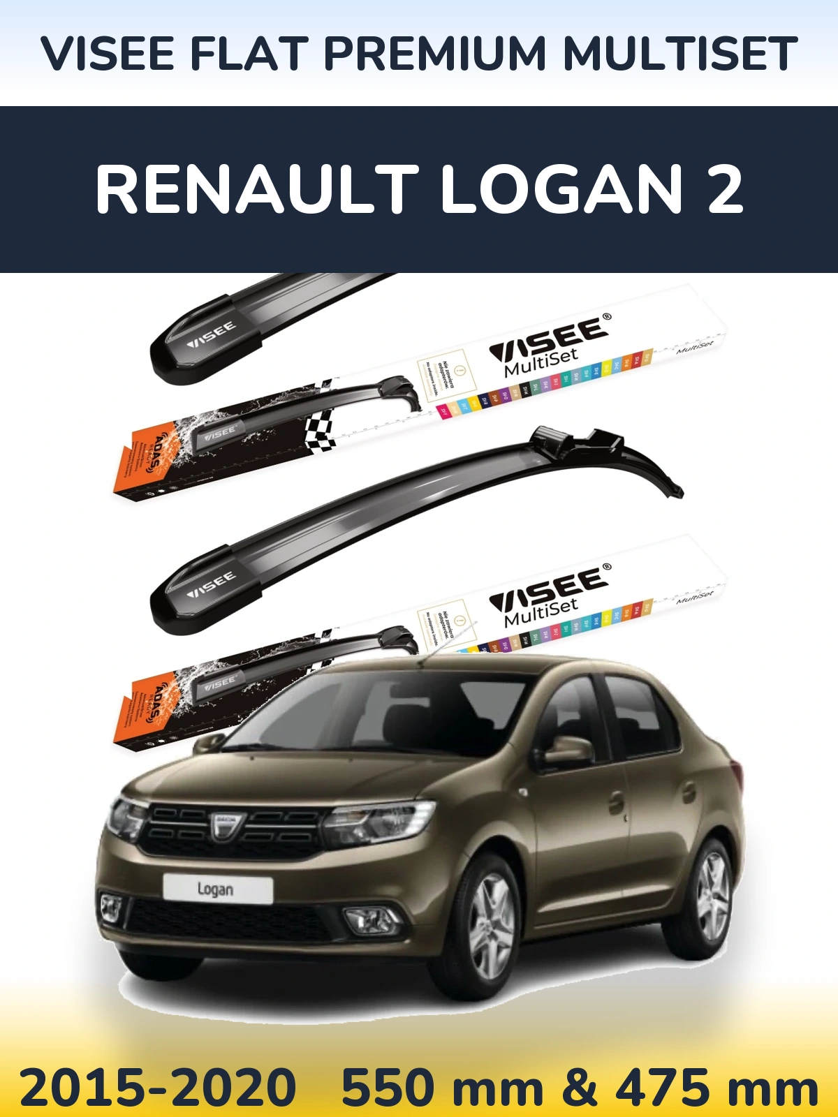 Komplet przednich wycieraczek VISEE FLAT PREMIUM MultiSet 550 & 475 mm do Renault Logan 2 2015-2020