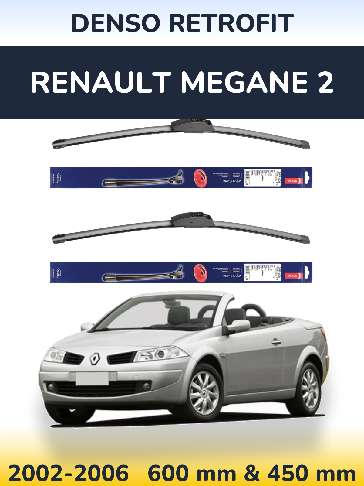 Front wiper blade set Denso Retrofit 600 & 450 mm for Renault Megane 2 2002-2006