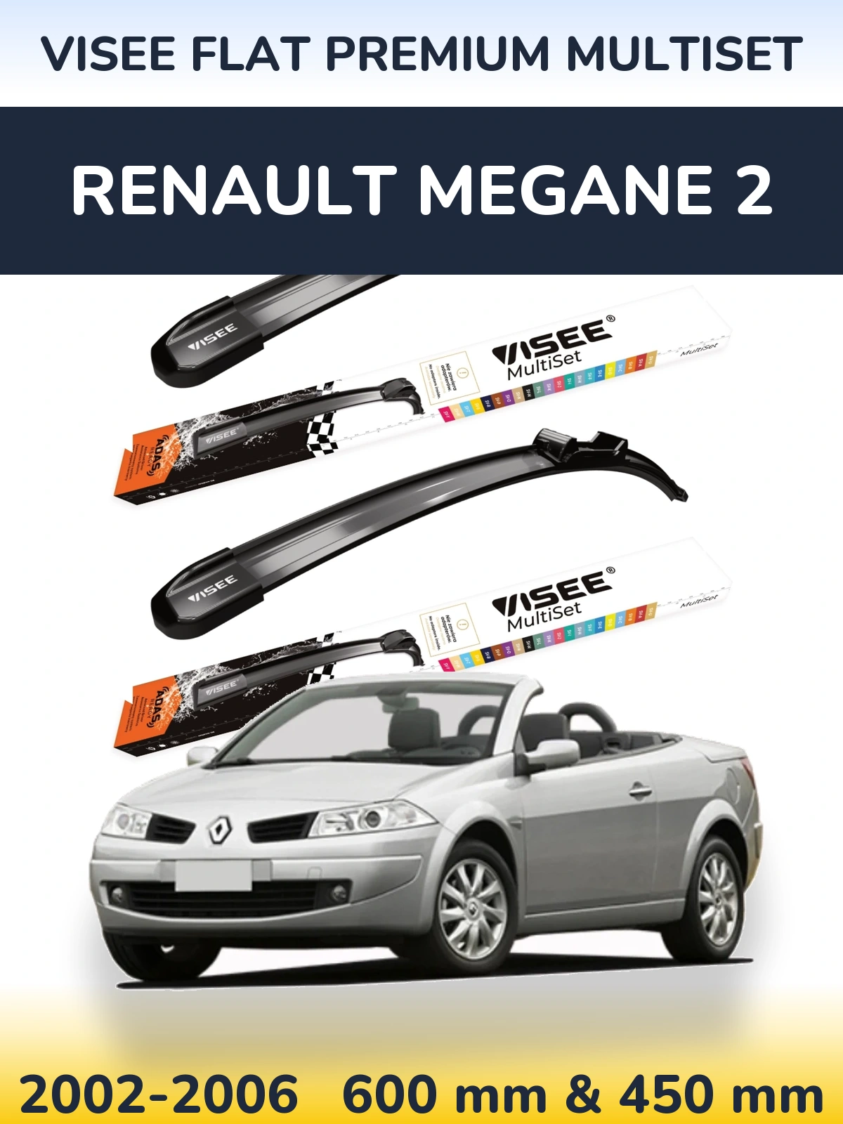 Комплект передних дворников VISEE FLAT PREMIUM MultiSet 600 & 450 мм для Renault Megane 2 2002-2006
