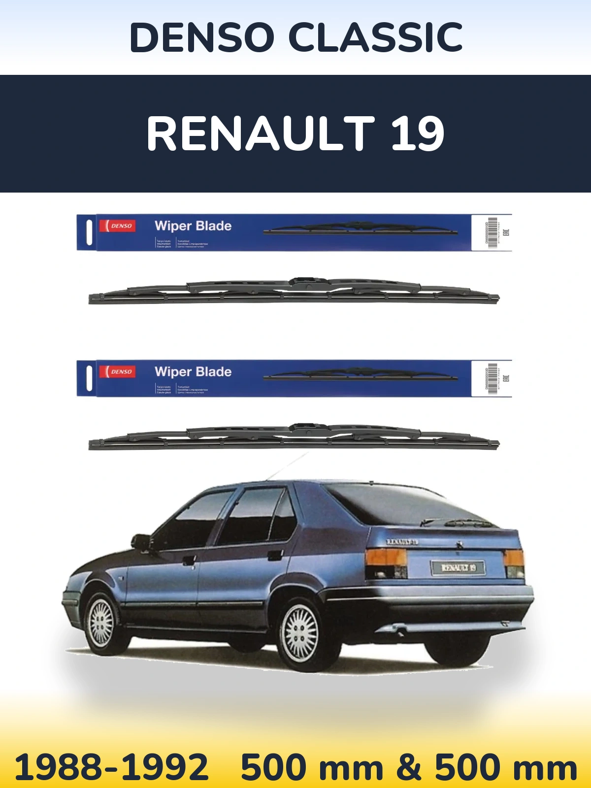 Front wiper blade set Denso Classic 500 & 500 mm for Renault 19 1988-1992
