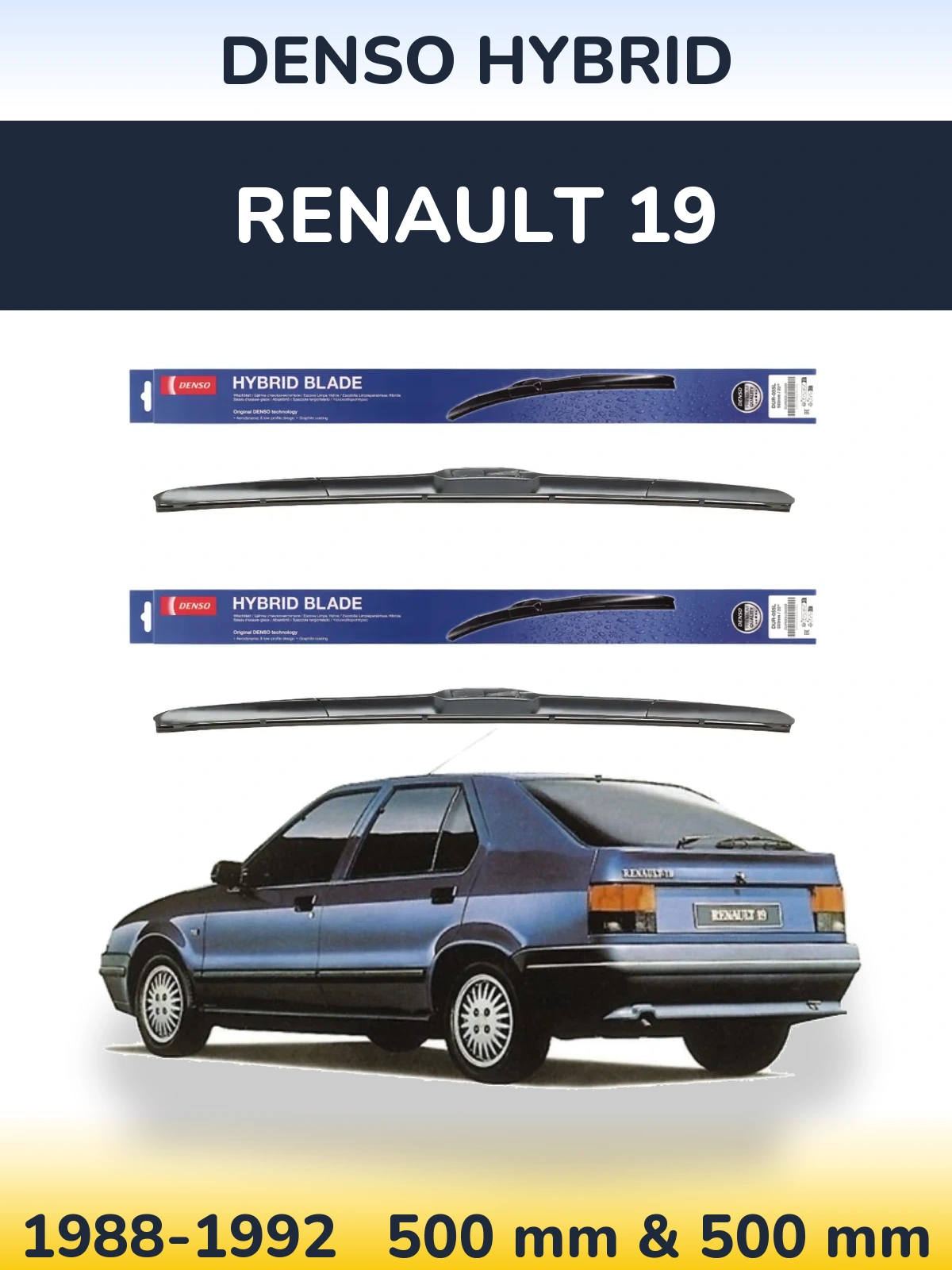 Front wiper blade set Denso Hybrid 500 & 500 mm for Renault 19 1988-1992