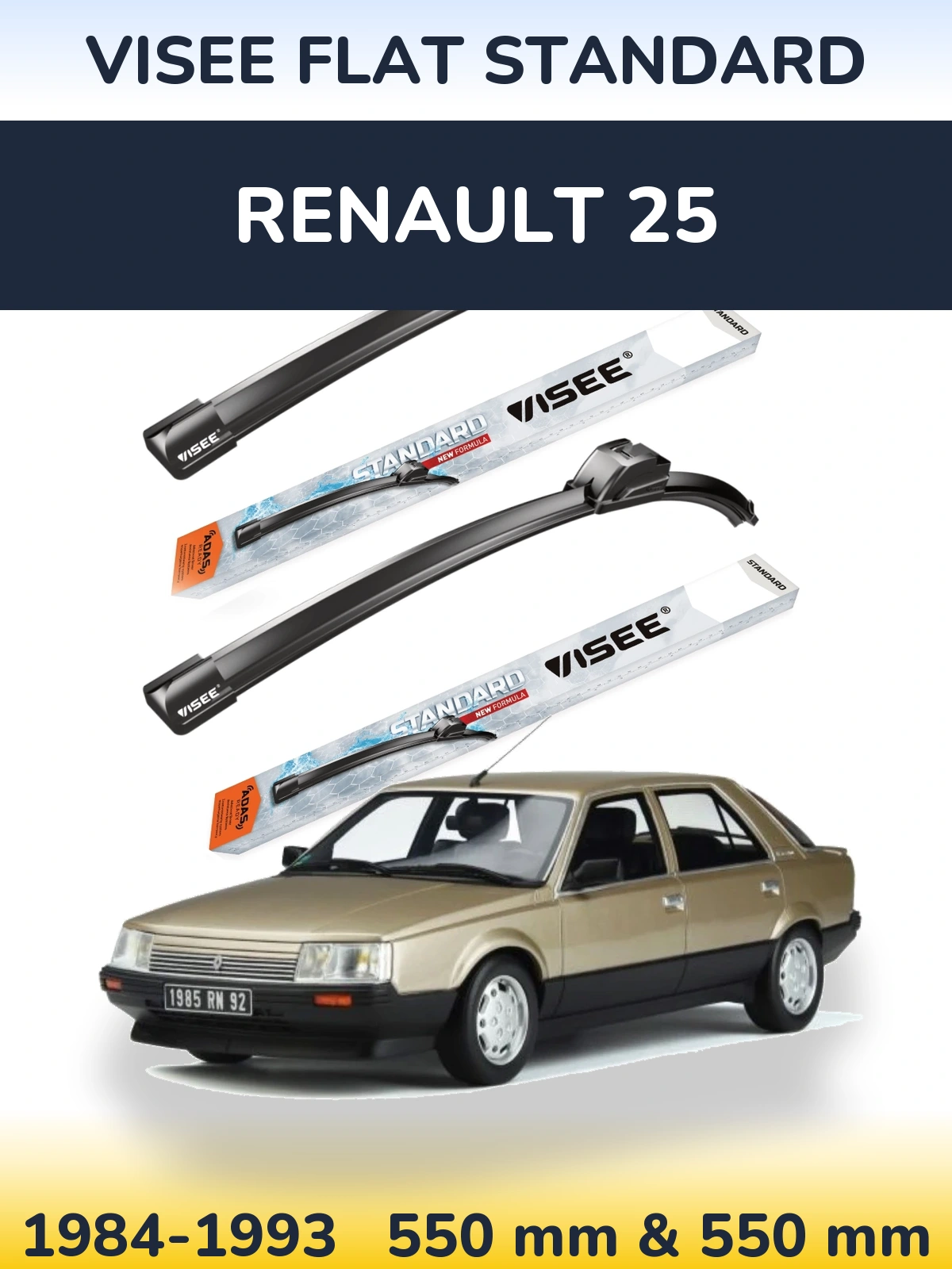 Front wiper blade set VISEE FLAT STANDARD 550 & 550 mm for Renault 25 1984-1993