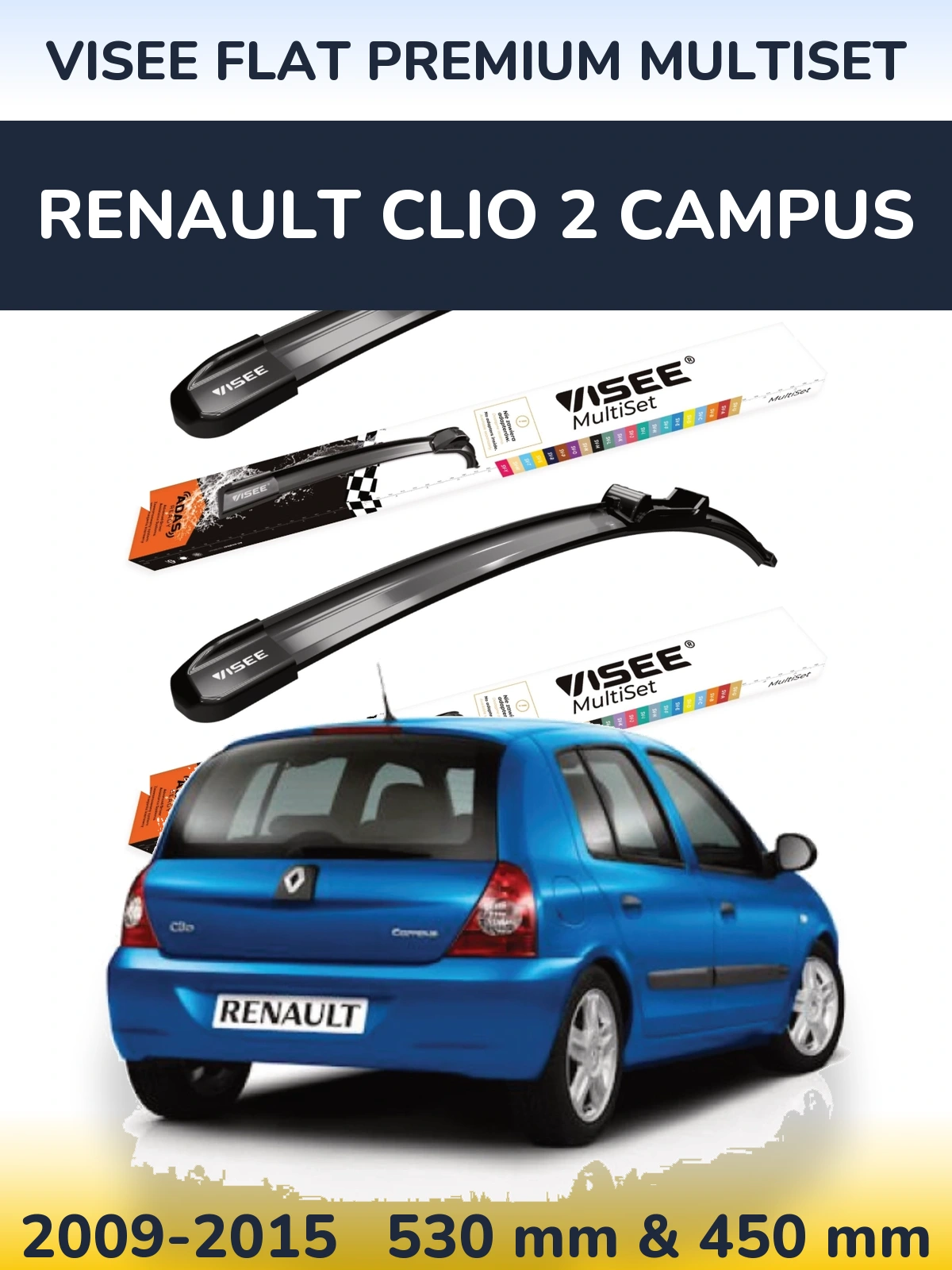 Комплект передніх щіток VISEE FLAT PREMIUM MultiSet 530 & 450 мм для Renault Clio 2 Campus 2009-2015