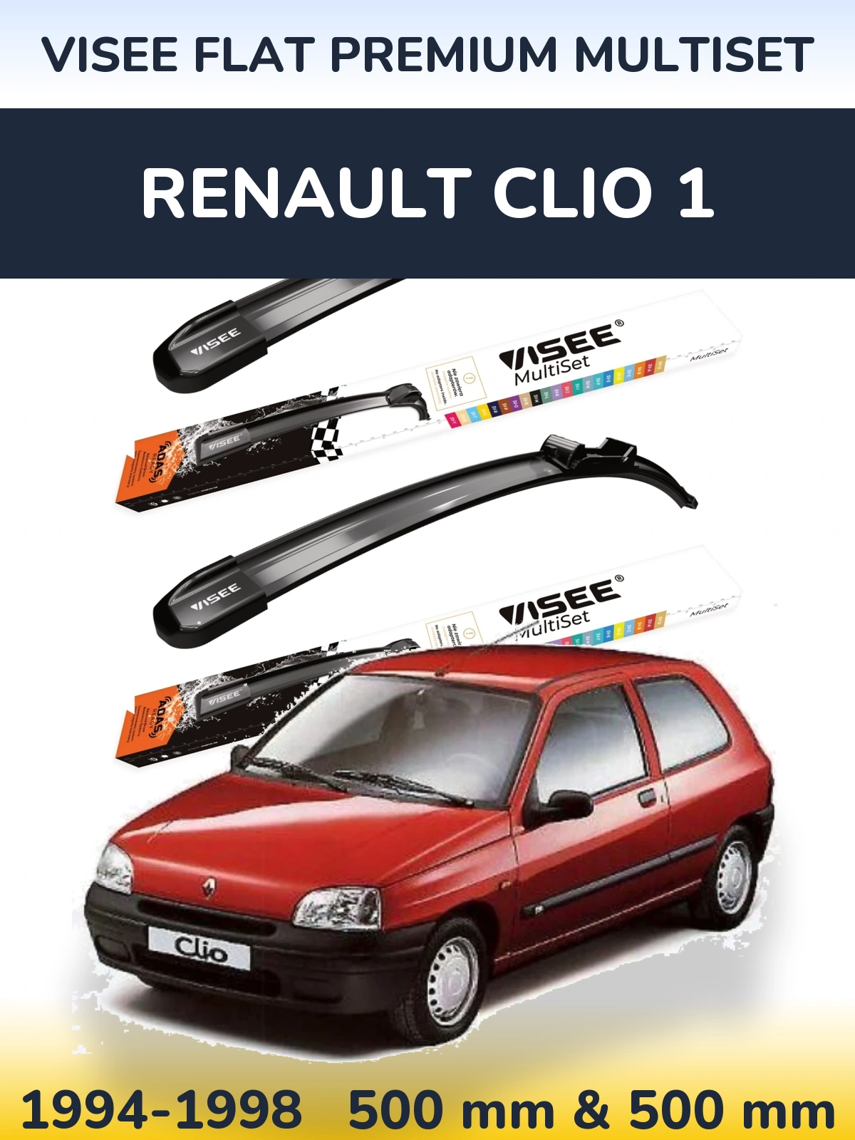 Front wiper blade set VISEE FLAT PREMIUM MultiSet 500 & 500 mm for Renault Clio 1 1994-1998