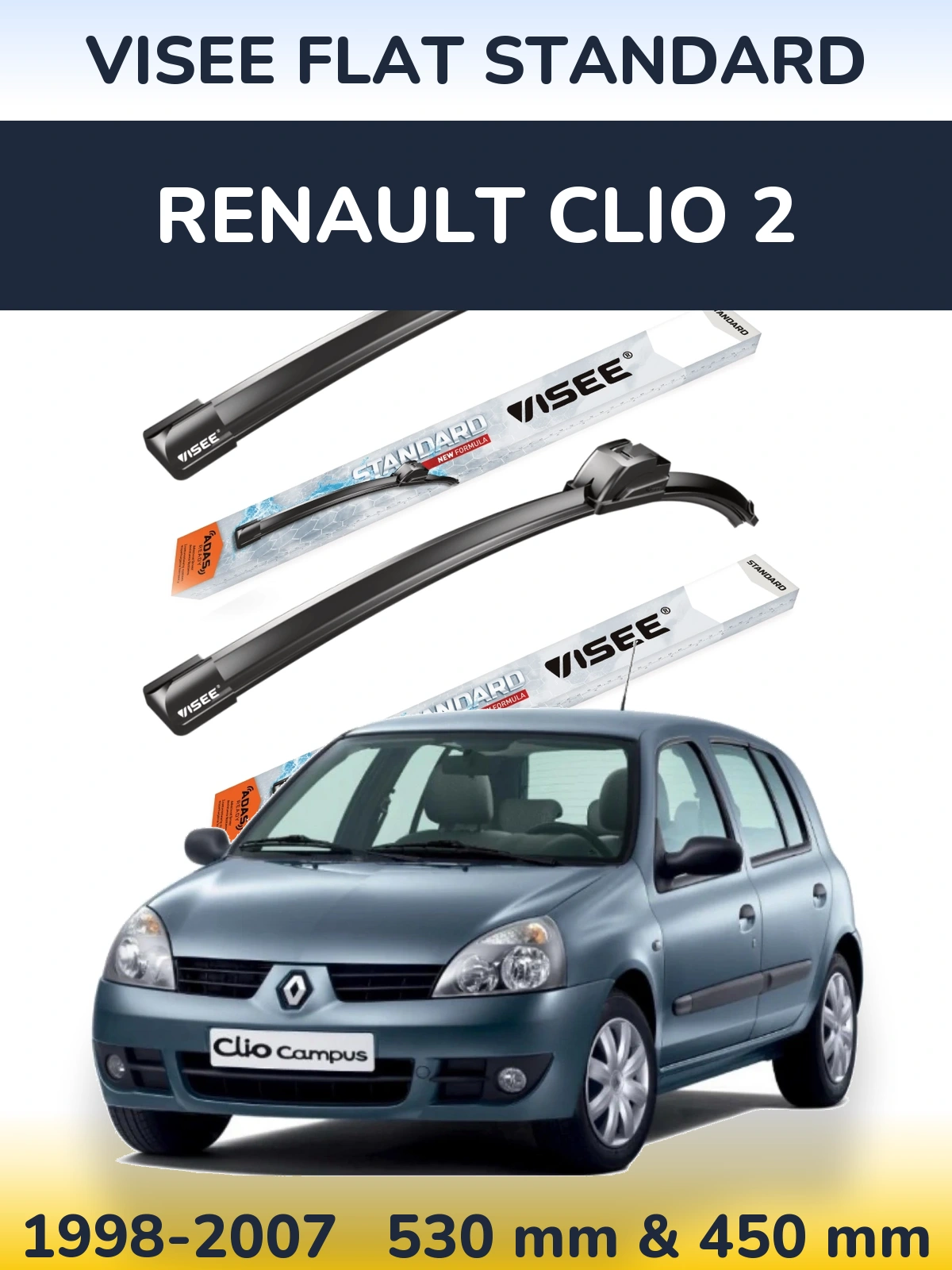 Комплект передних дворников VISEE FLAT STANDARD 530 & 450 мм для Renault Clio 2 1998-2007