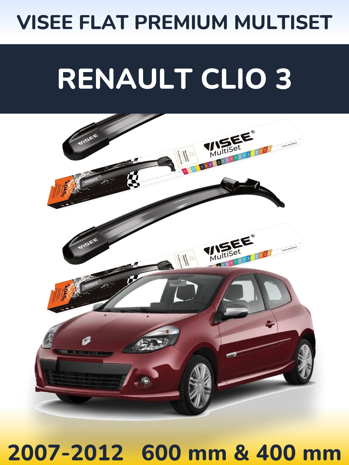 Komplet przednich wycieraczek VISEE FLAT PREMIUM MultiSet 600 & 400 mm do Renault Clio 3 2007-2012