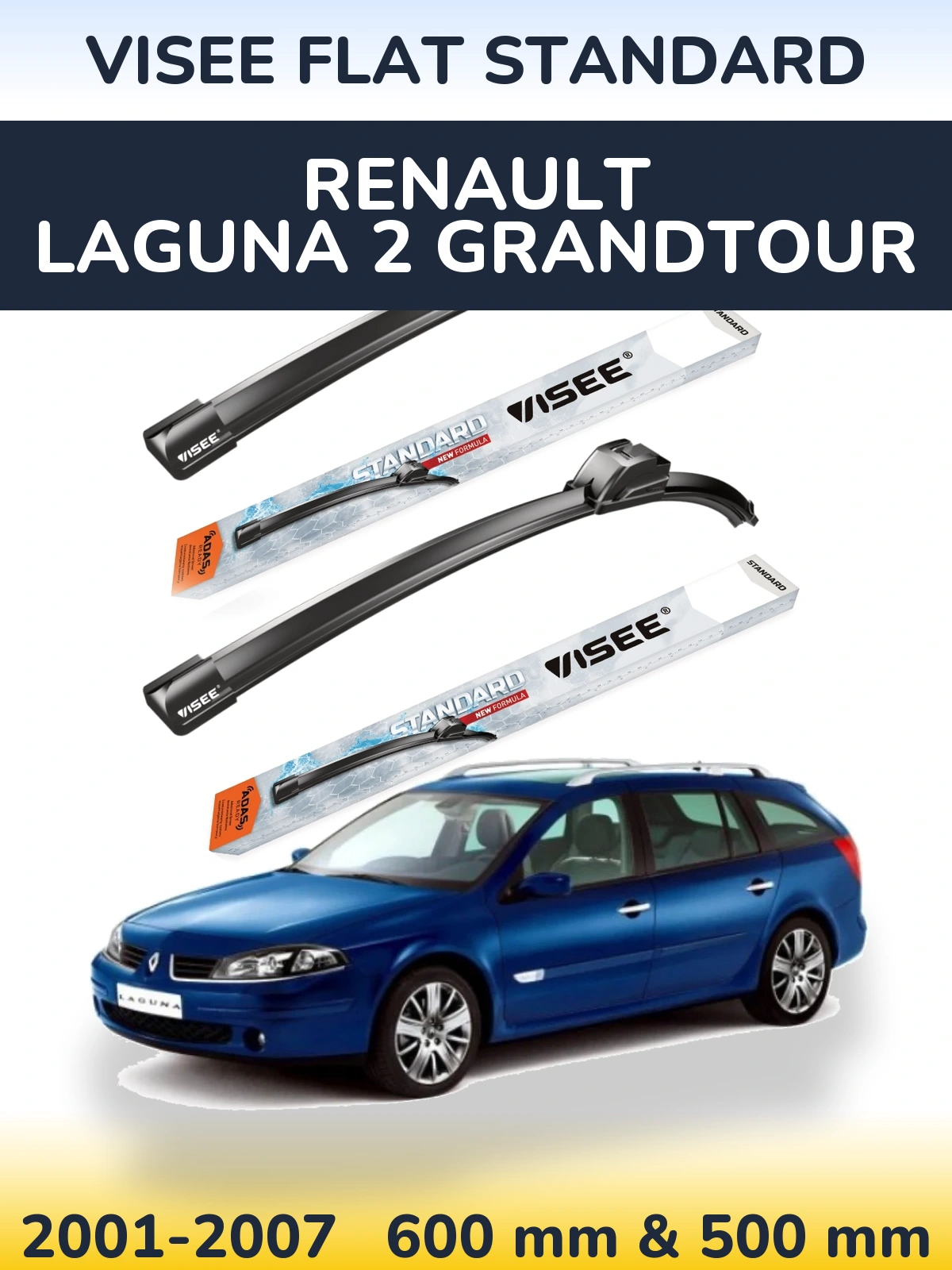 Front wiper blade set VISEE FLAT STANDARD 600 & 500 mm for Renault Laguna 2 Grandtour 2001-2007