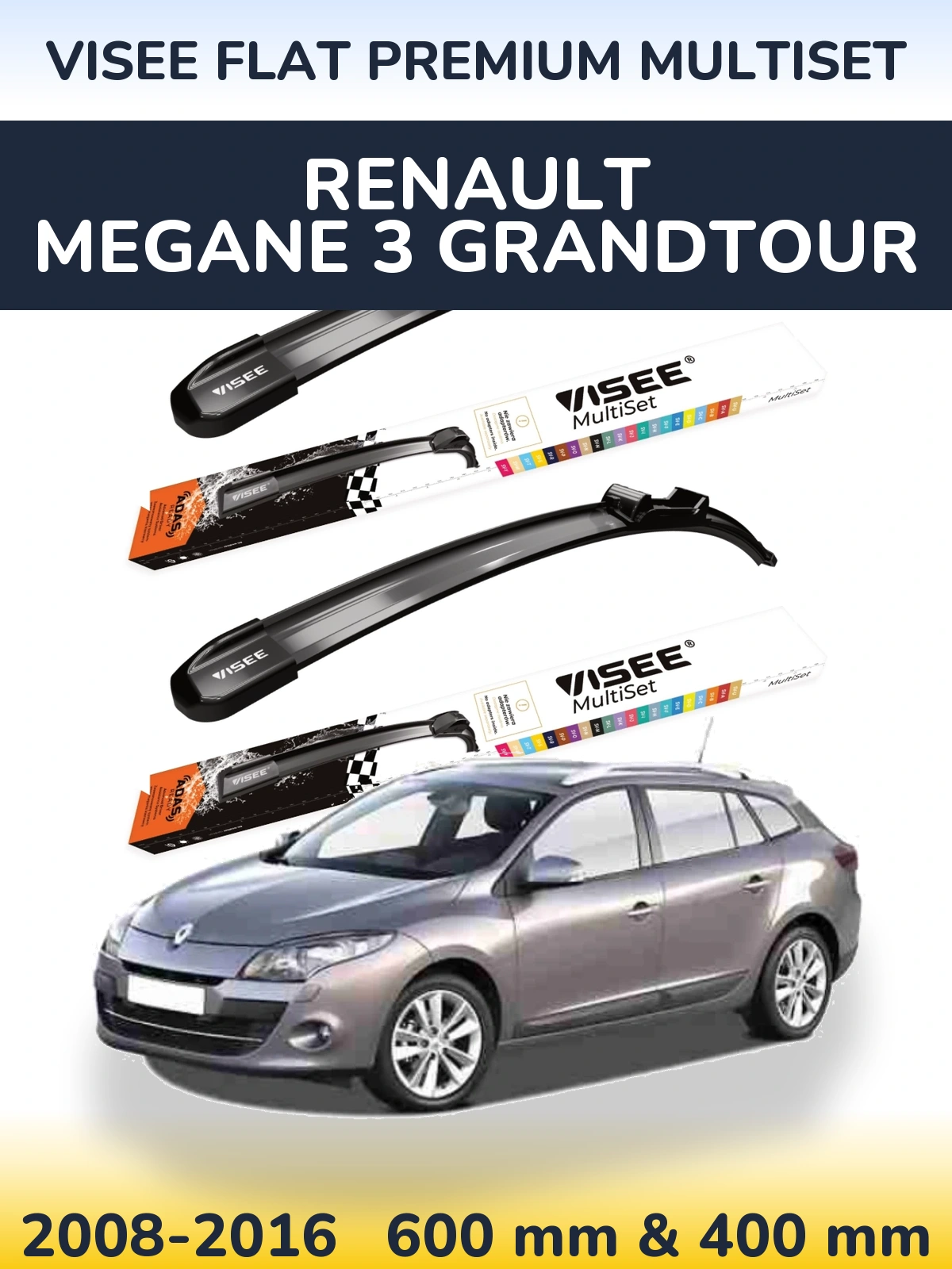 Front wiper blade set VISEE FLAT PREMIUM MultiSet 600 & 400 mm for Renault Megane 3 Grandtour 2008-2016