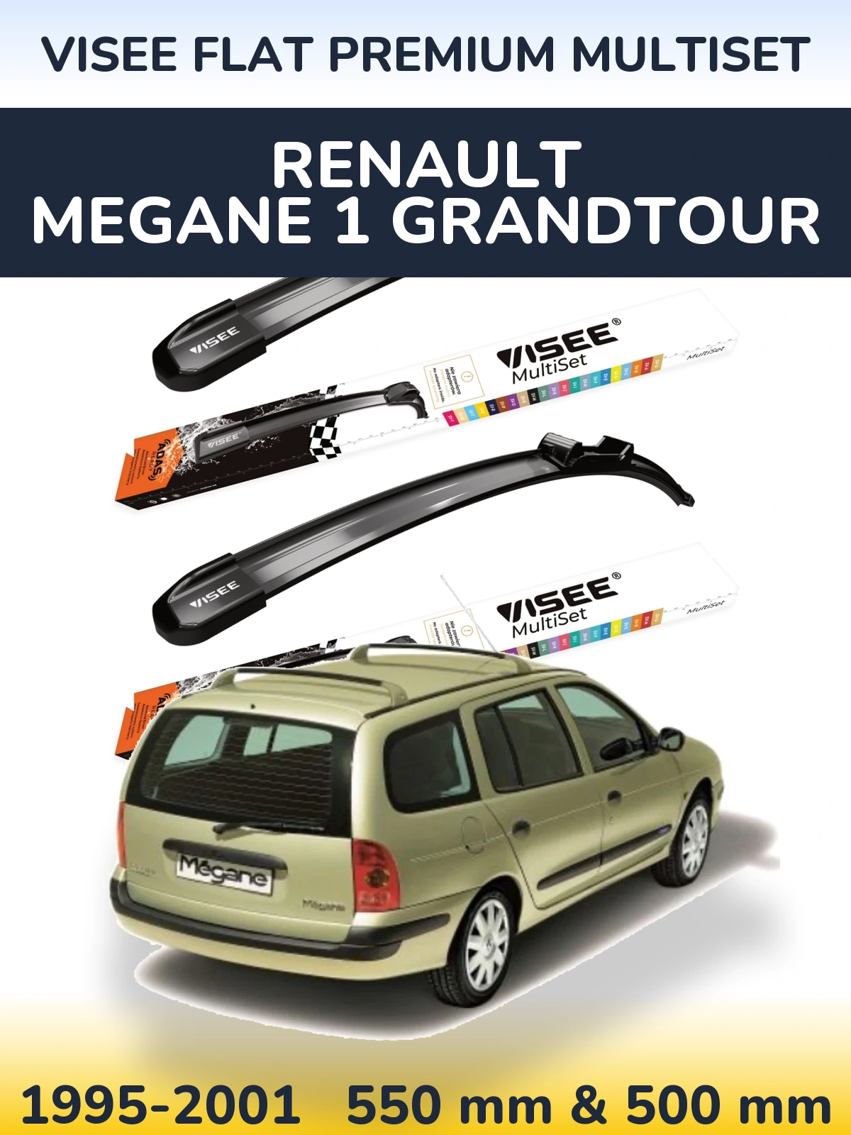 Komplet przednich wycieraczek VISEE FLAT PREMIUM MultiSet 550 & 500 mm do Renault Megane 1 Grandtour 1995-2001