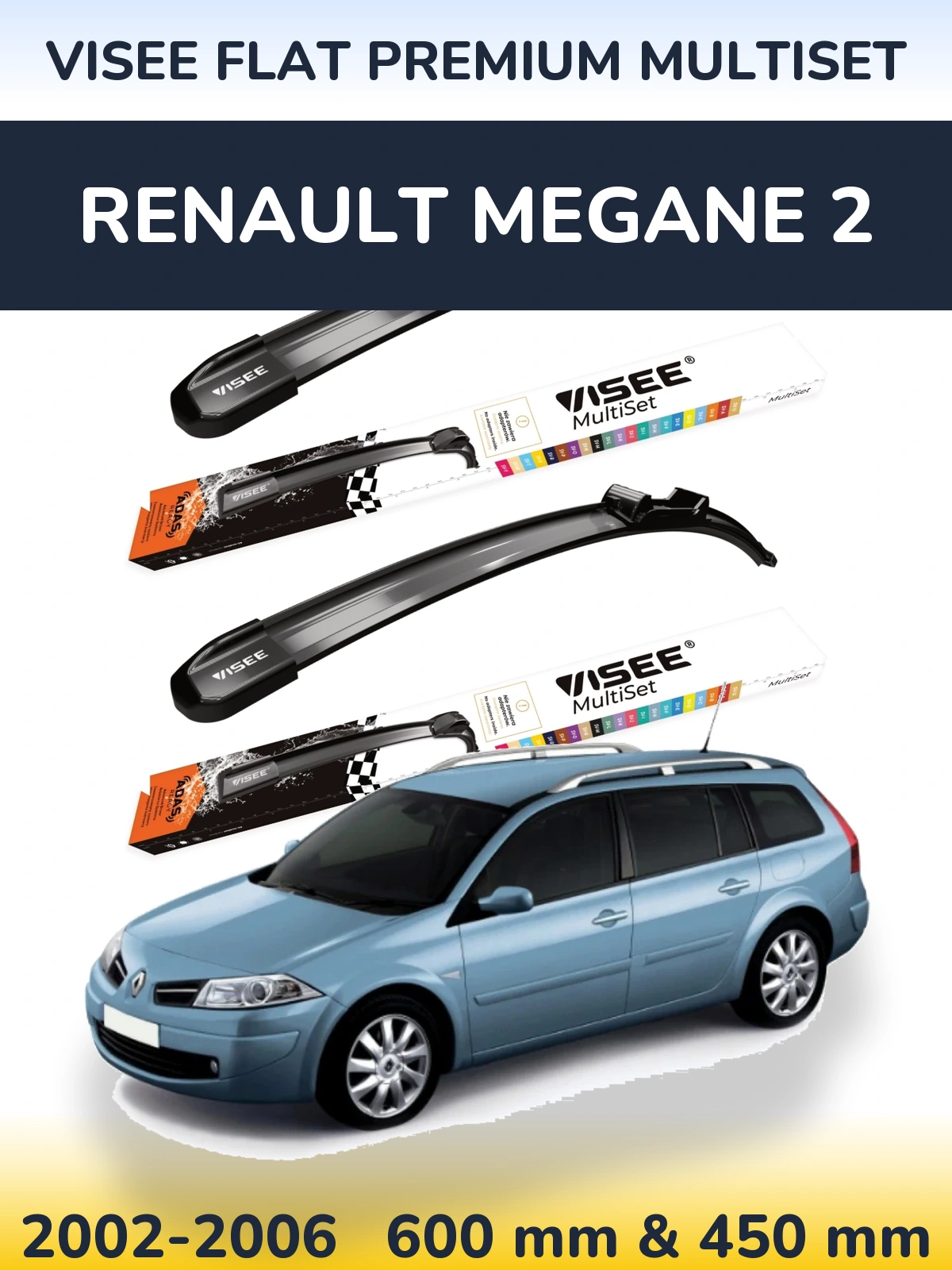 Front wiper blade set VISEE FLAT PREMIUM MultiSet 600 & 450 mm for Renault Megane 2 2002-2006
