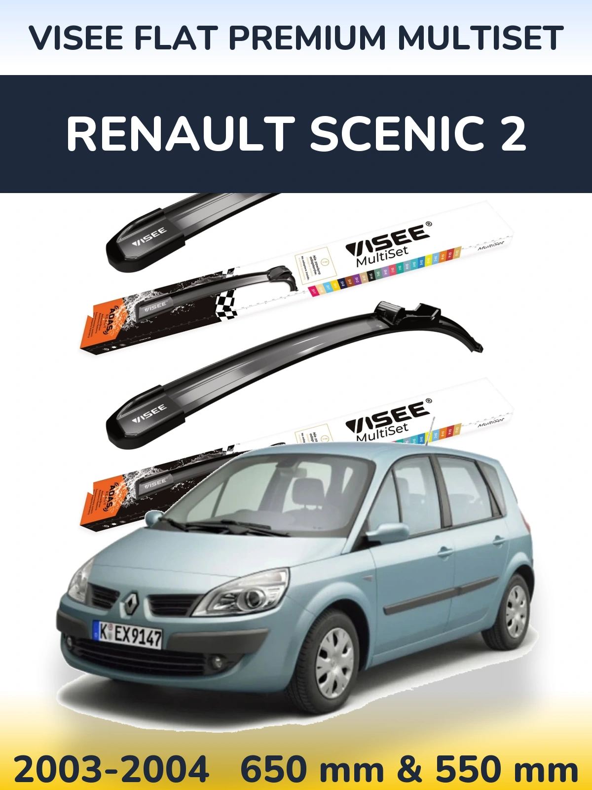 Front wiper blade set VISEE FLAT PREMIUM MultiSet 650 & 550 mm for Renault Scenic 2 2003-2004