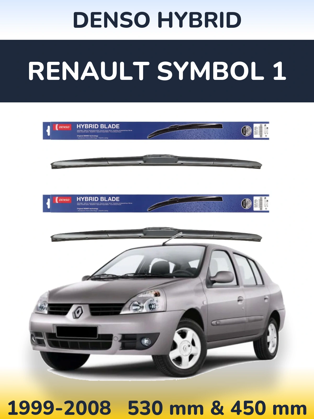 Front wiper blade set Denso Hybrid 530 & 450 mm for Renault Symbol 1 1999-2008
